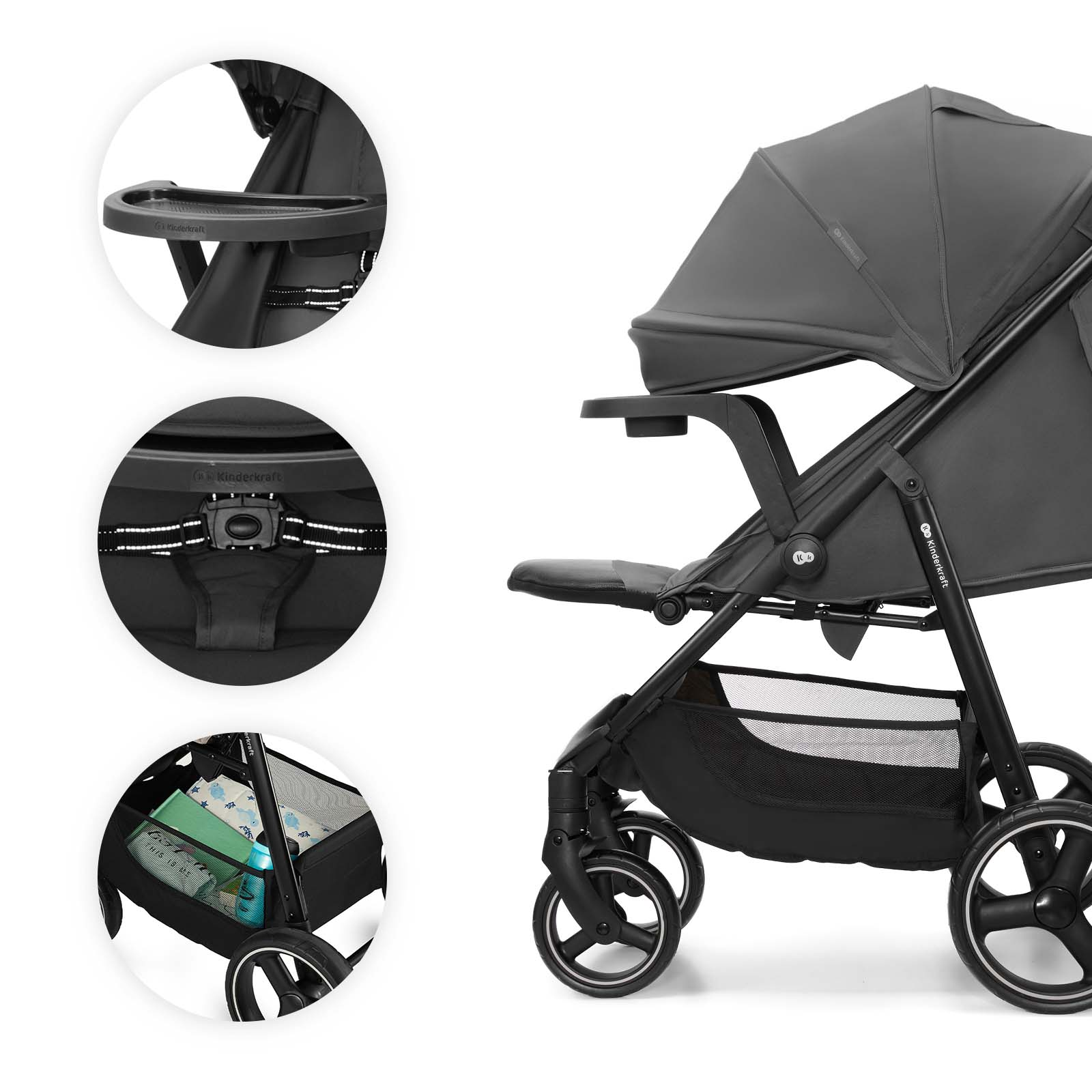 Ein grauer Kinderkraft-Kinderwagen mit Tablett, Gurt und Aufbewahrungskorb.