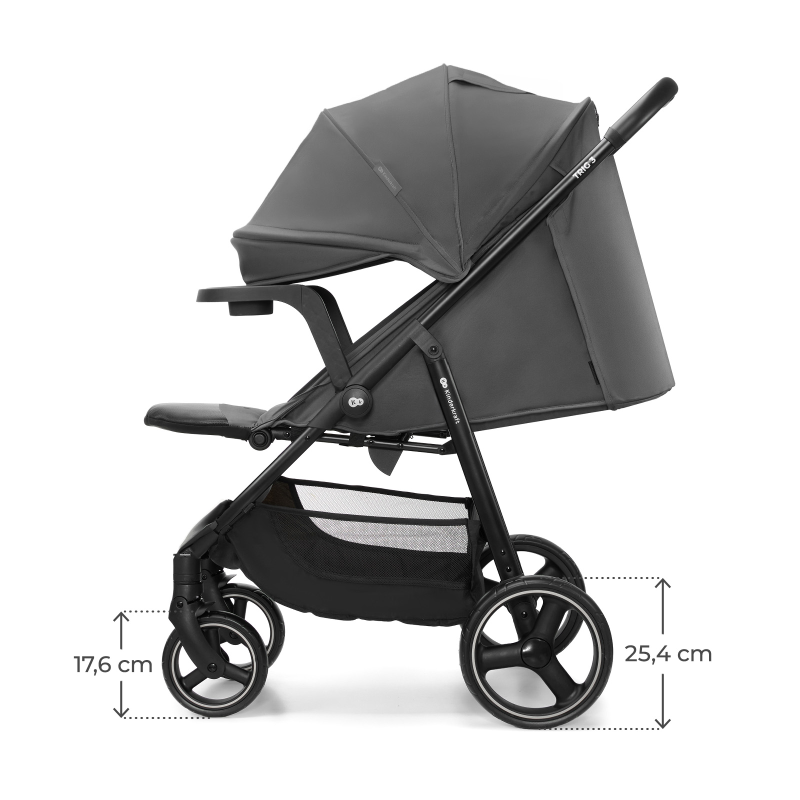 Ein grauer Kinderwagen mit Verdeck, Sitz und Einkaufskorb.