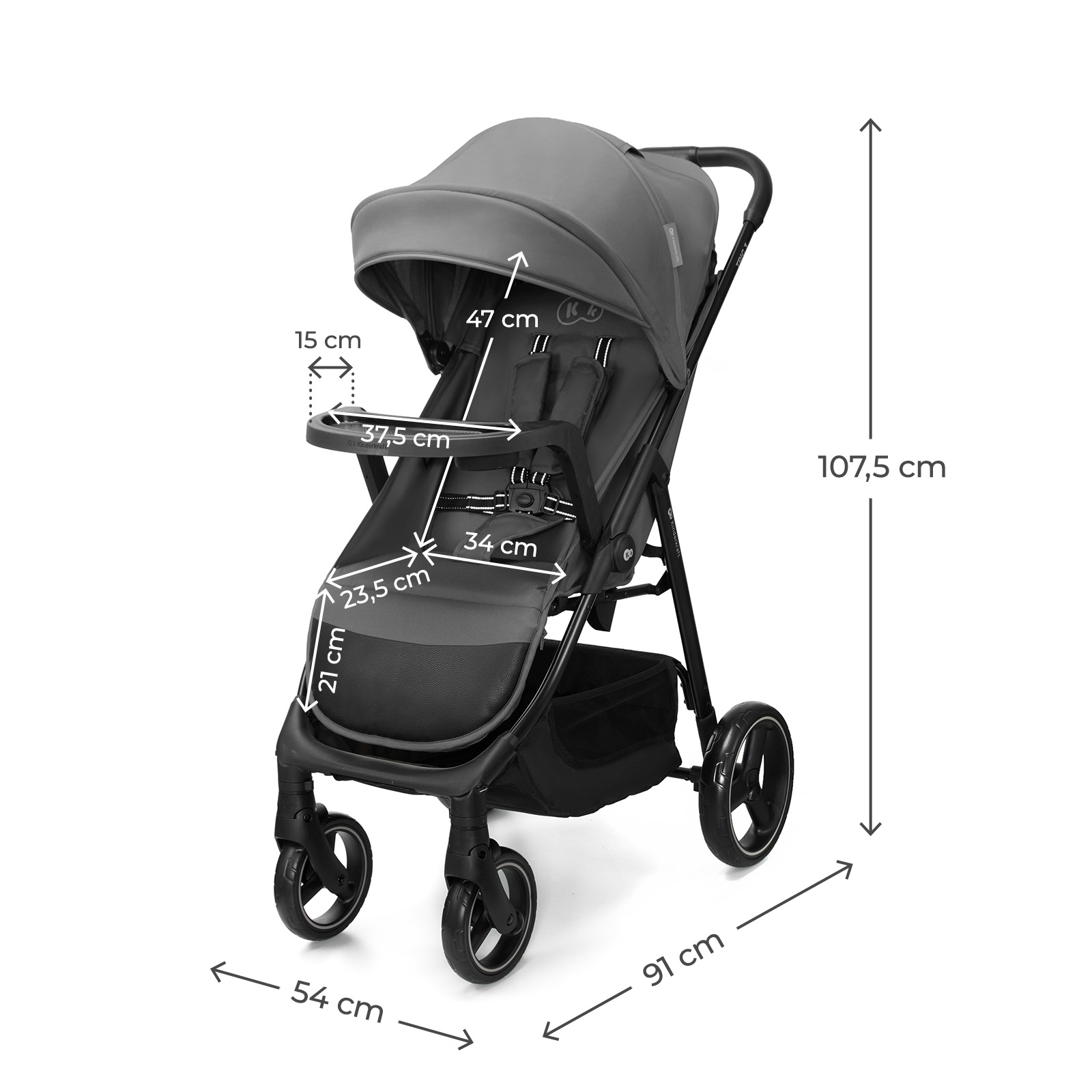 Grauer Kinderwagen mit Maßen und Gurten. 54 cm breit, 91 cm lang, 107,5 cm hoch.
