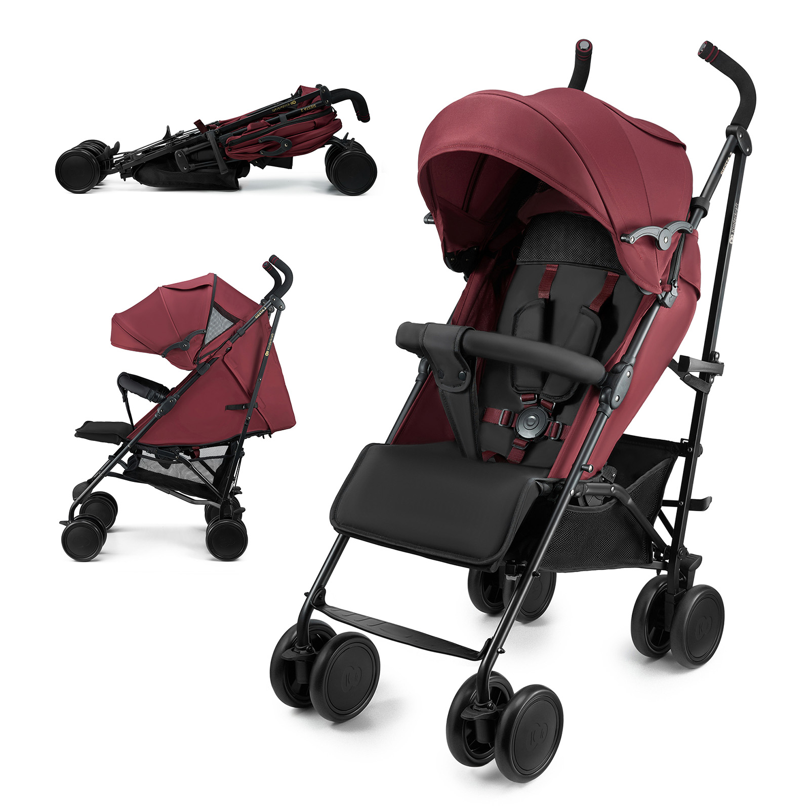 Ein burgunderroter Kinderwagen mit schwarzem Sitz und Sicherheitsgurten.