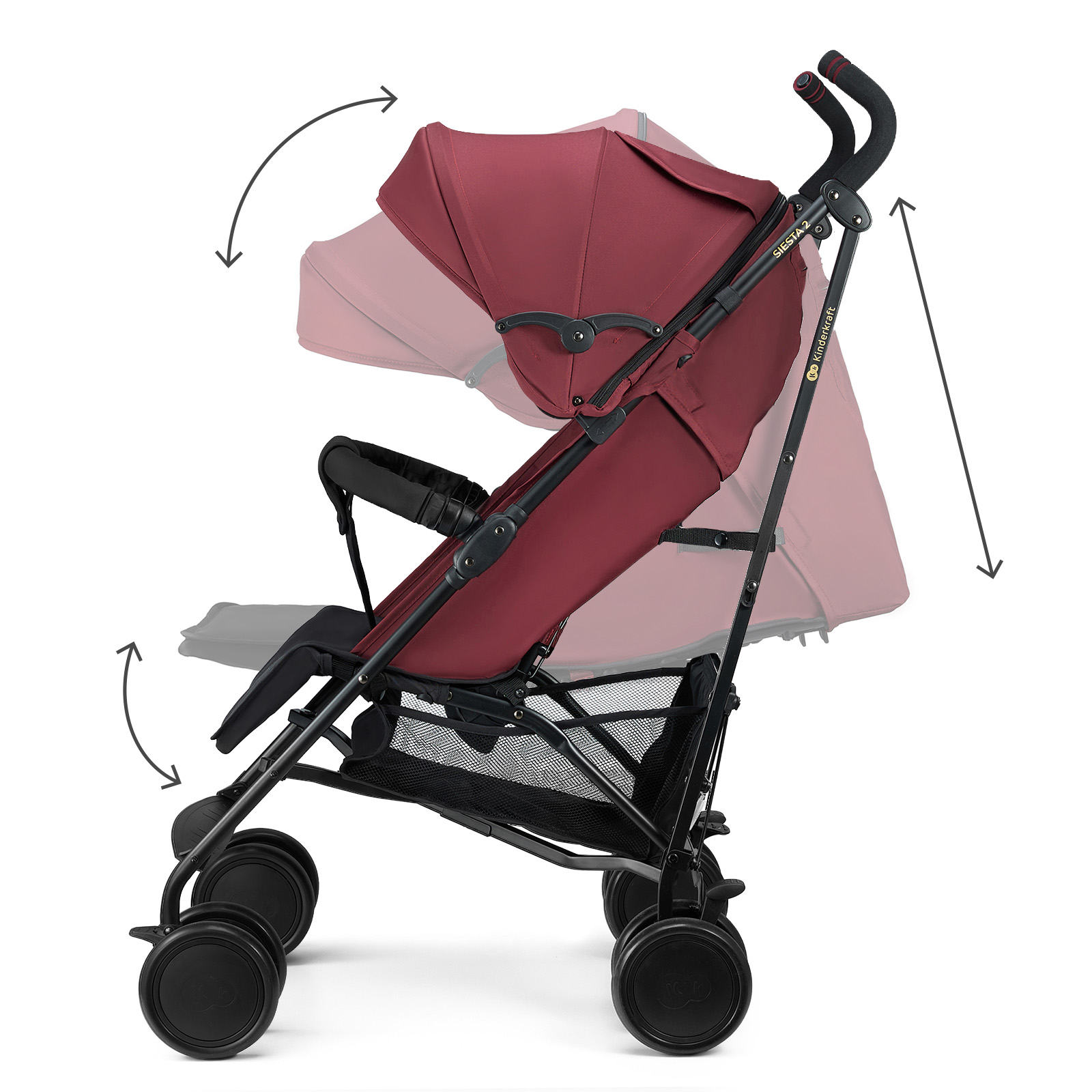 Ein roter Kinderwagen mit schwarzem Gestell und Stoffkorb. Zeigt verschiedene Verstellwinkel.