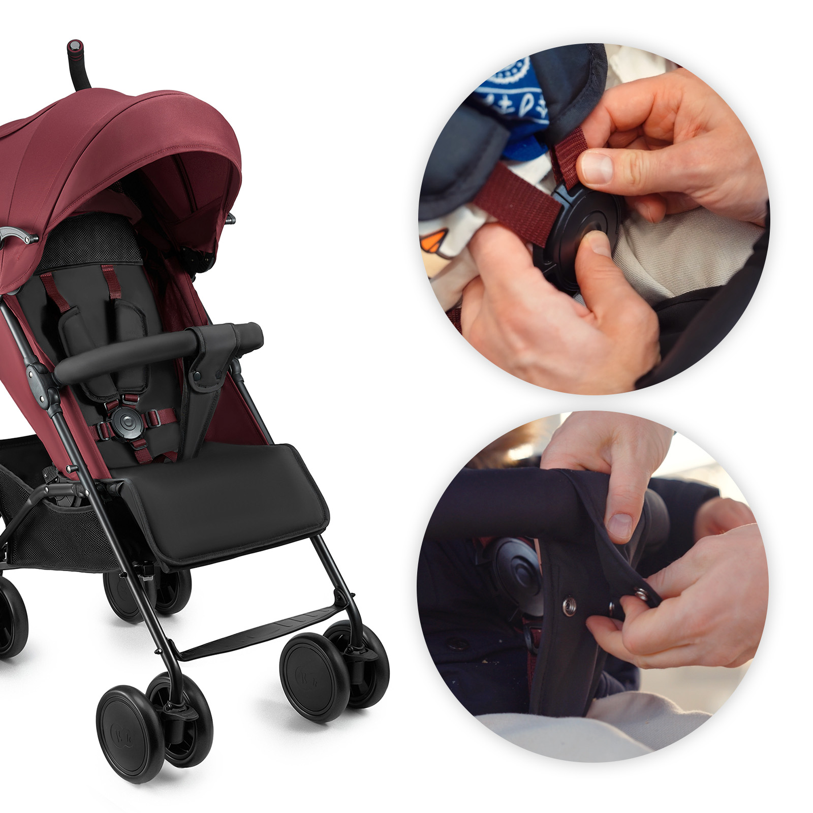 Ein burgunderroter Kinderwagen mit schwarzen Akzenten und Details zur Montage.