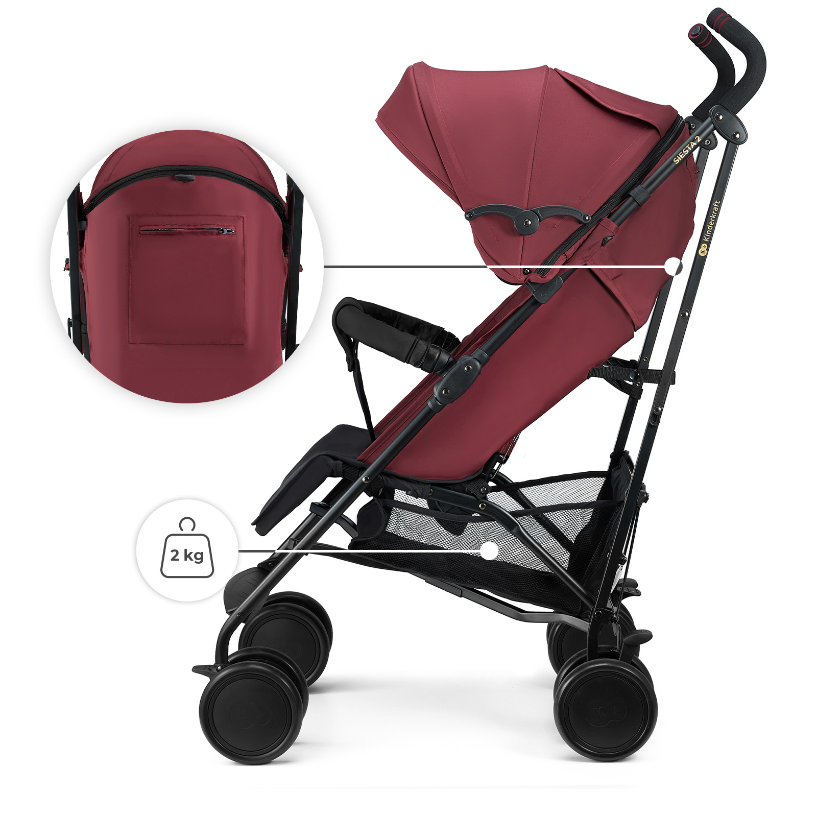 Ein burgunderroter Kinderwagen mit schwarzem Rahmen und Rädern.