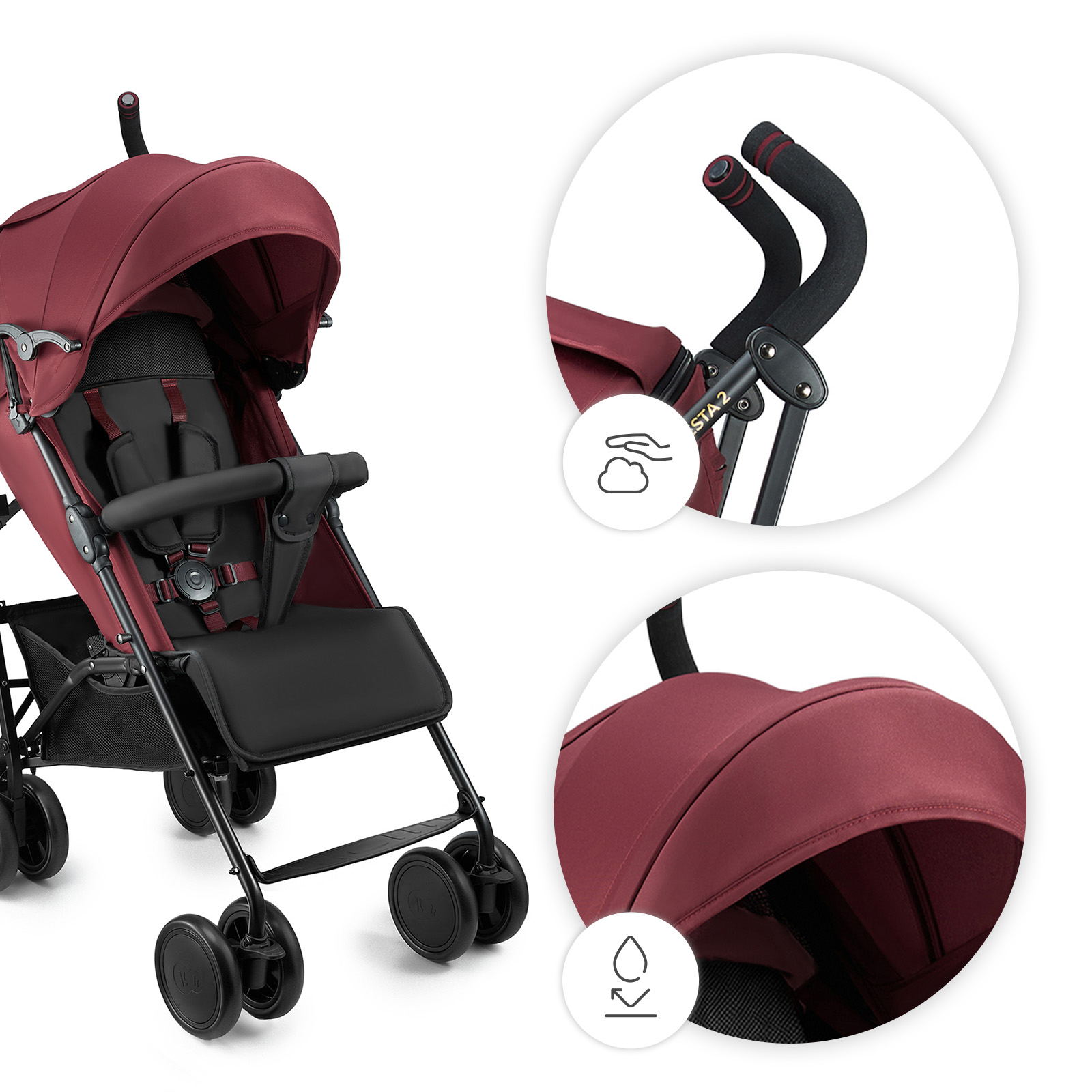 Ein burgunderroter Kinderwagen mit schwarzen Griffen und einem Sonnendach.