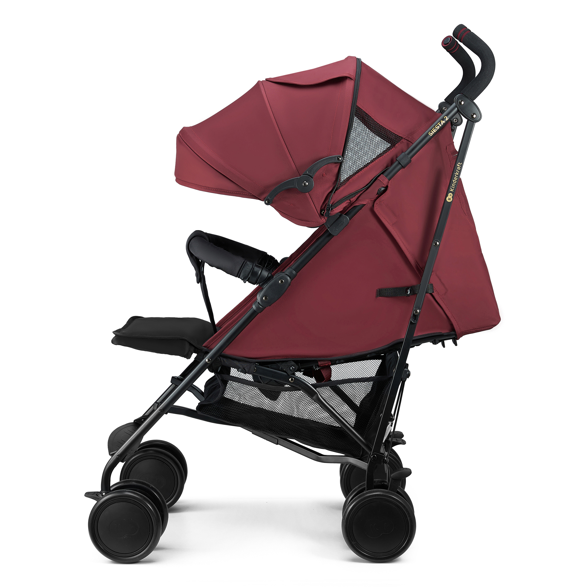 Ein kastanienbrauner Kinderwagen mit schwarzen Rädern und Rahmen, mit Verdeck und Aufbewahrungskorb.