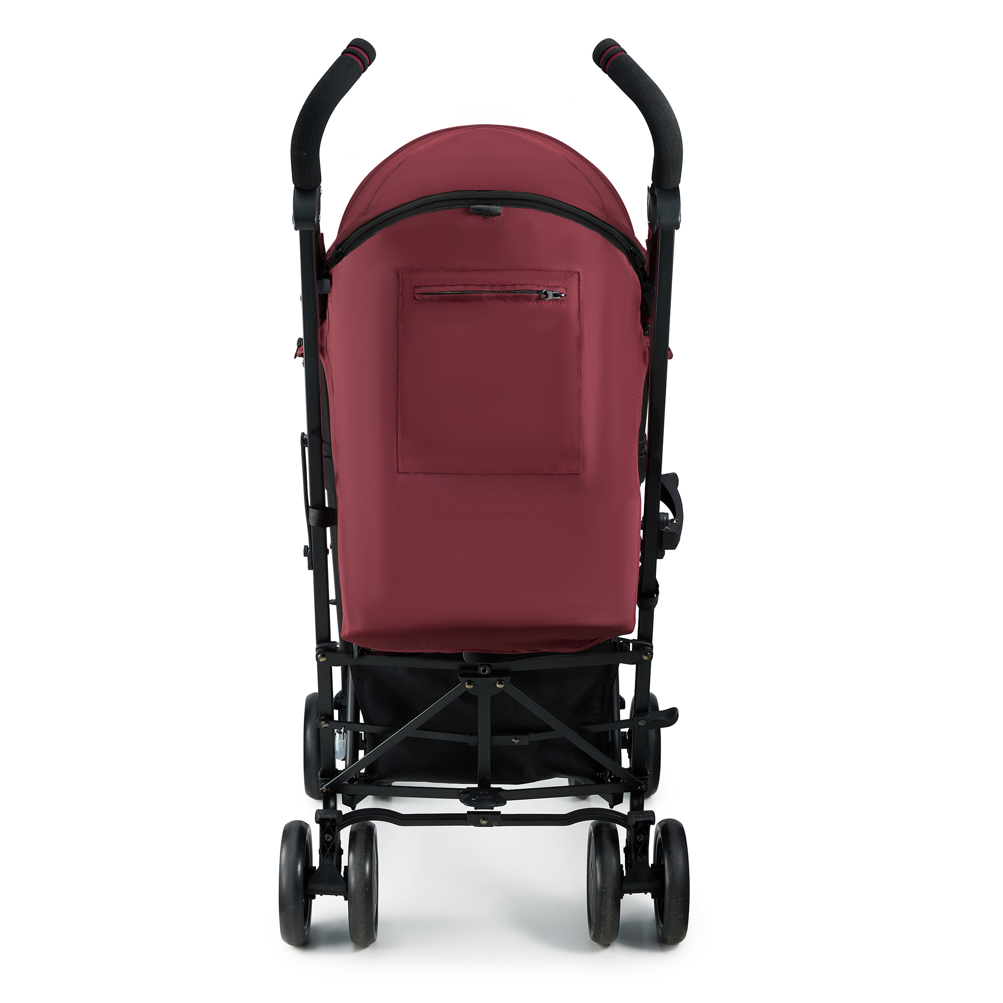 Ein burgunderroter Kinderwagen mit schwarzen Griffen und Rädern, von hinten.