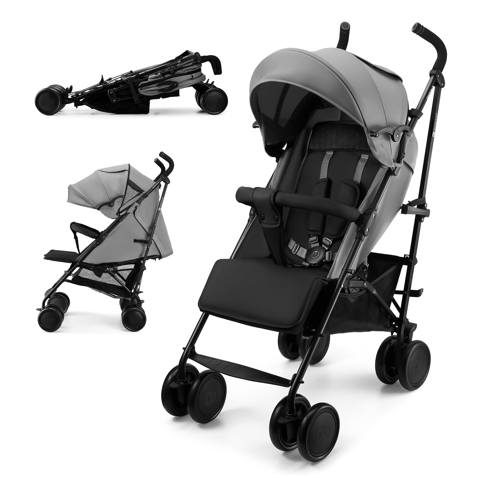Grauer Kinderwagen mit schwarzem Sitz, zusammengeklappt und offen gezeigt.
