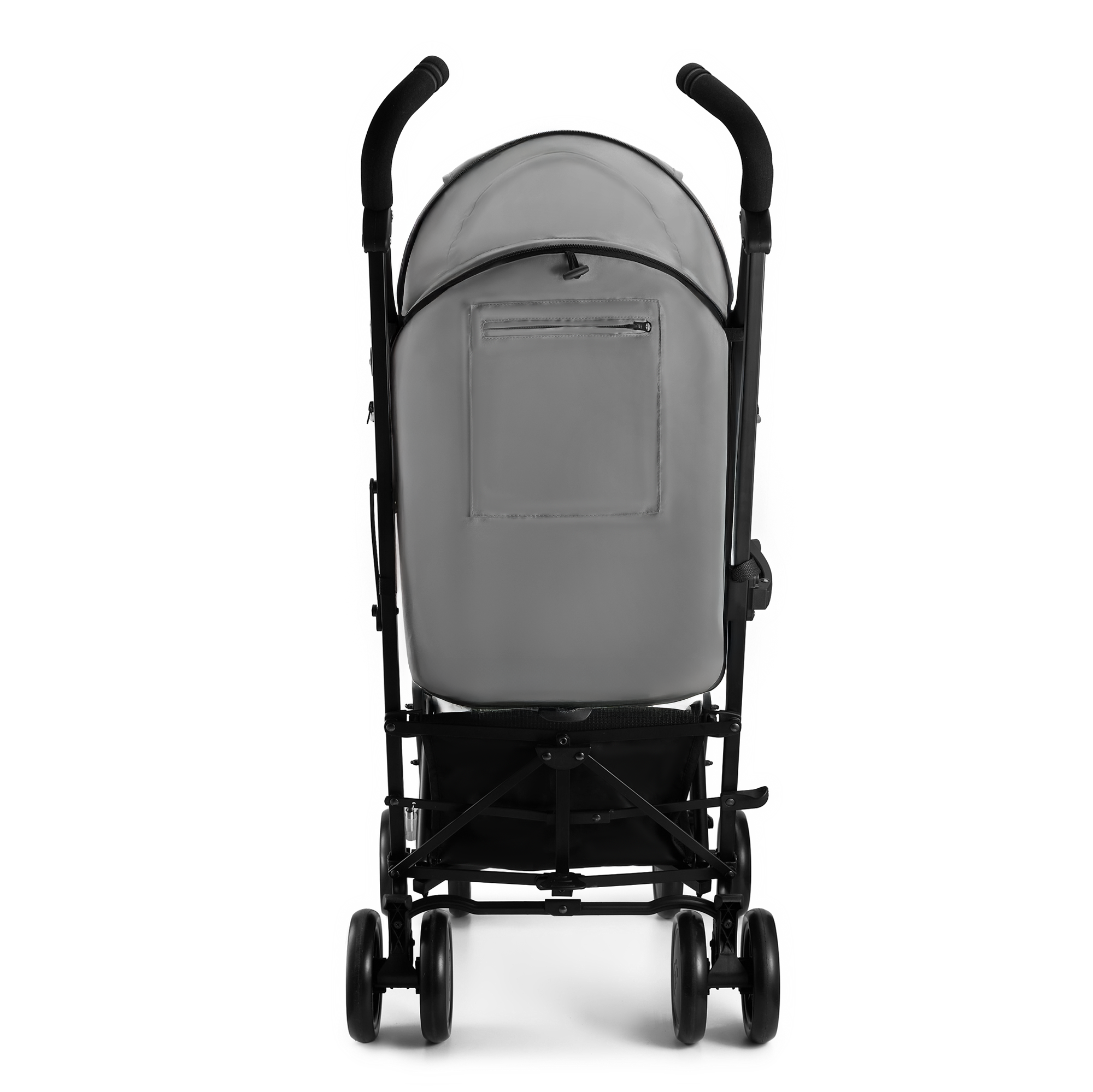 Rückansicht eines grauen Kinderwagens mit schwarzen Griffen und Rädern.