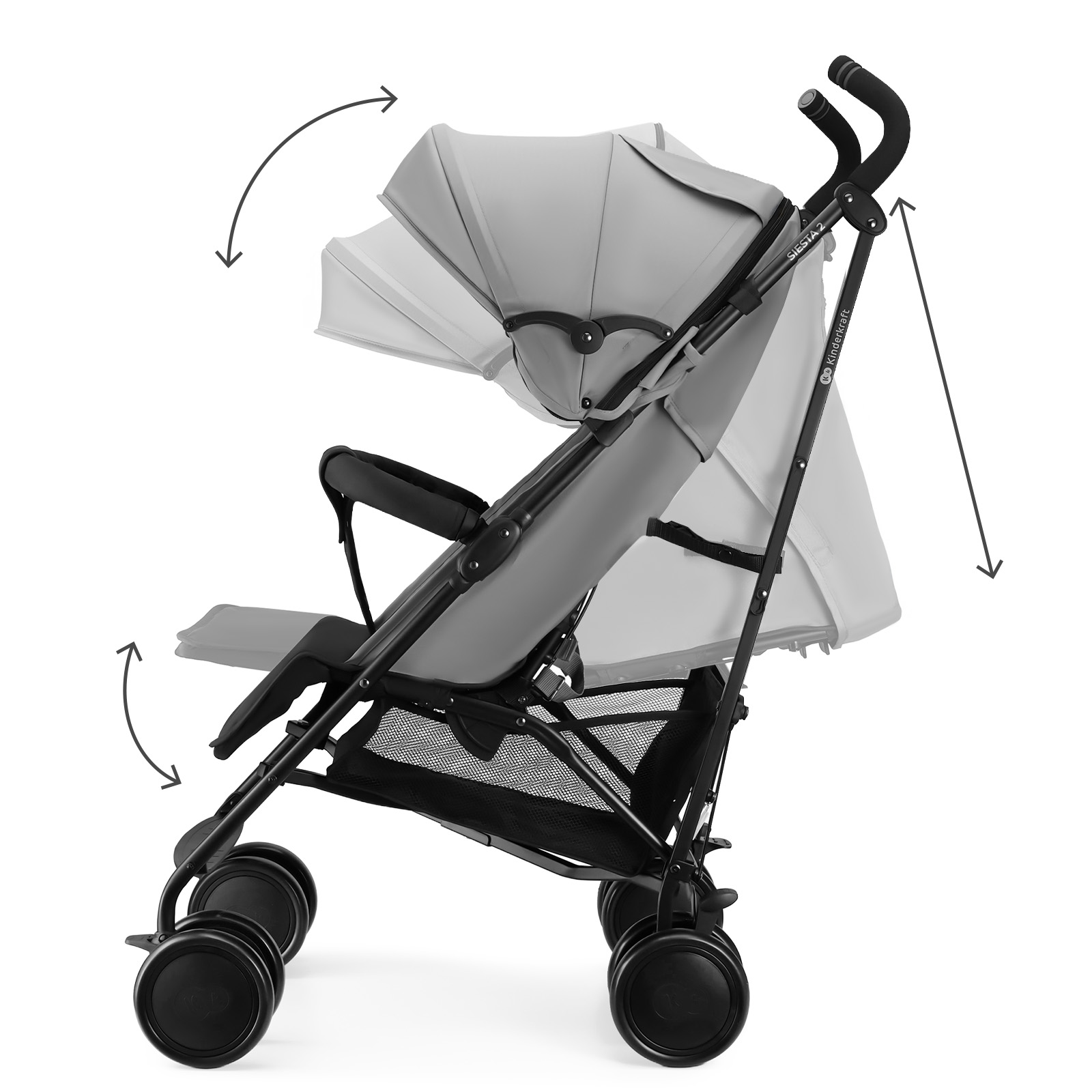 Ein grauer Kinderwagen mit schwarzem Rahmen und Rädern. Verstellbares Verdeck und Sitz.