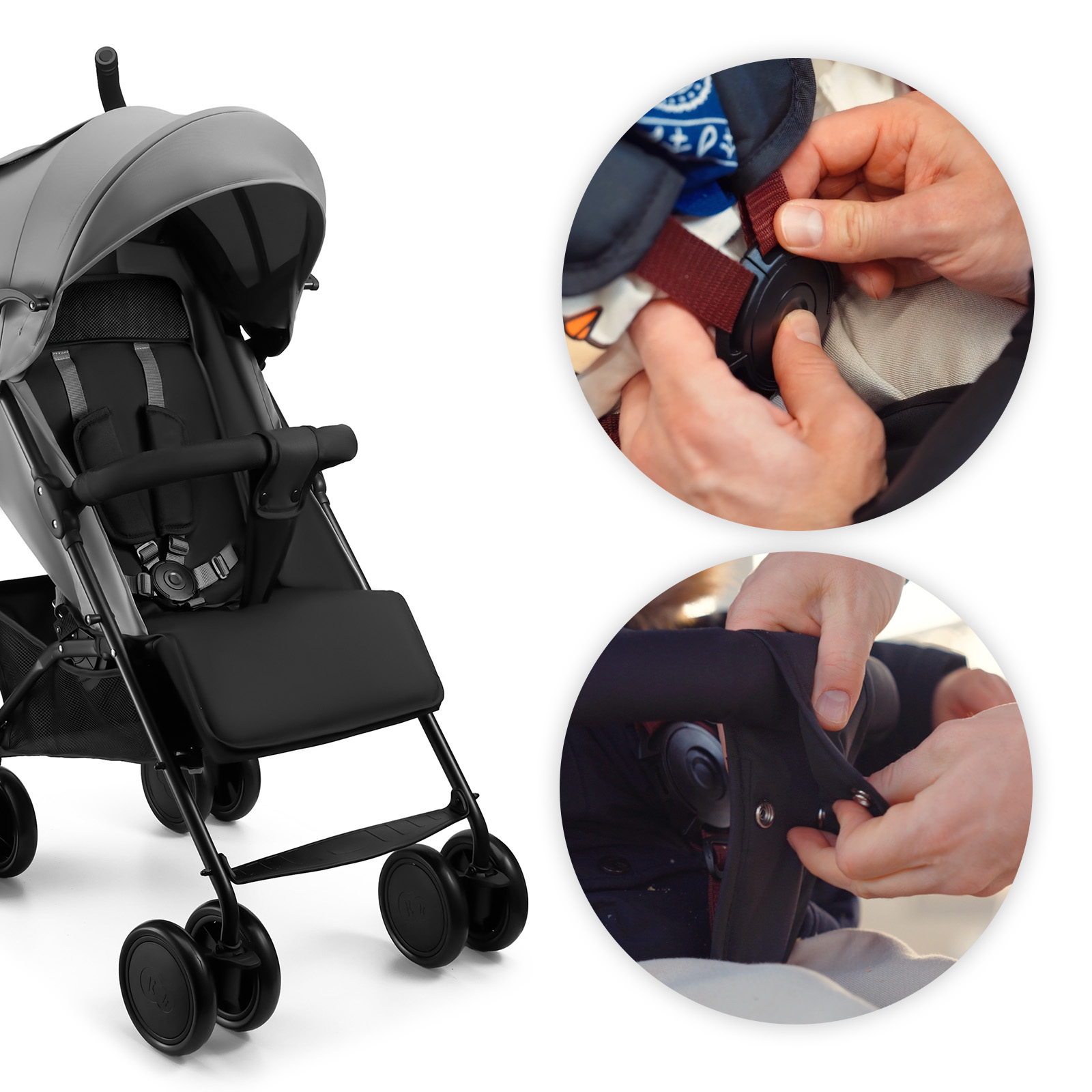Grauer Kinderwagen mit schwarzen Details. Hände befestigen Gurte und Klappe.