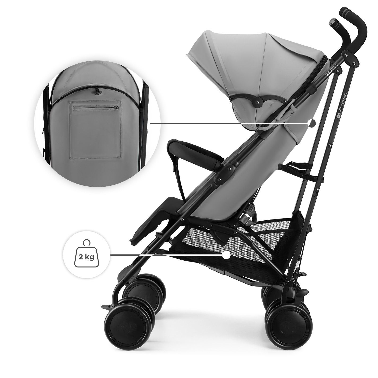 Grauer Kinderwagen mit schwarzem Rahmen, Rädern und Tasche. Gewicht 2 kg.