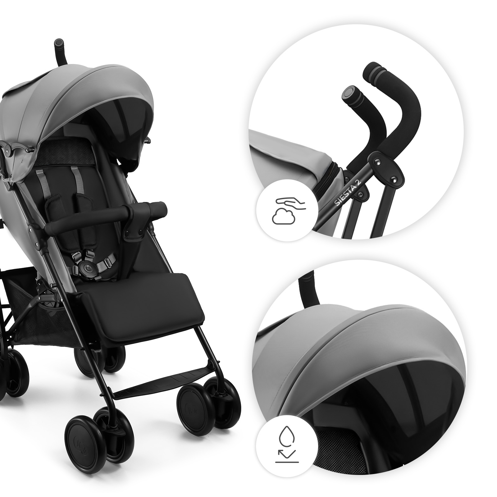 Grauer Kinderwagen mit schwarzen Griffen und Rädern. Details zu Griffen und Verdeck.