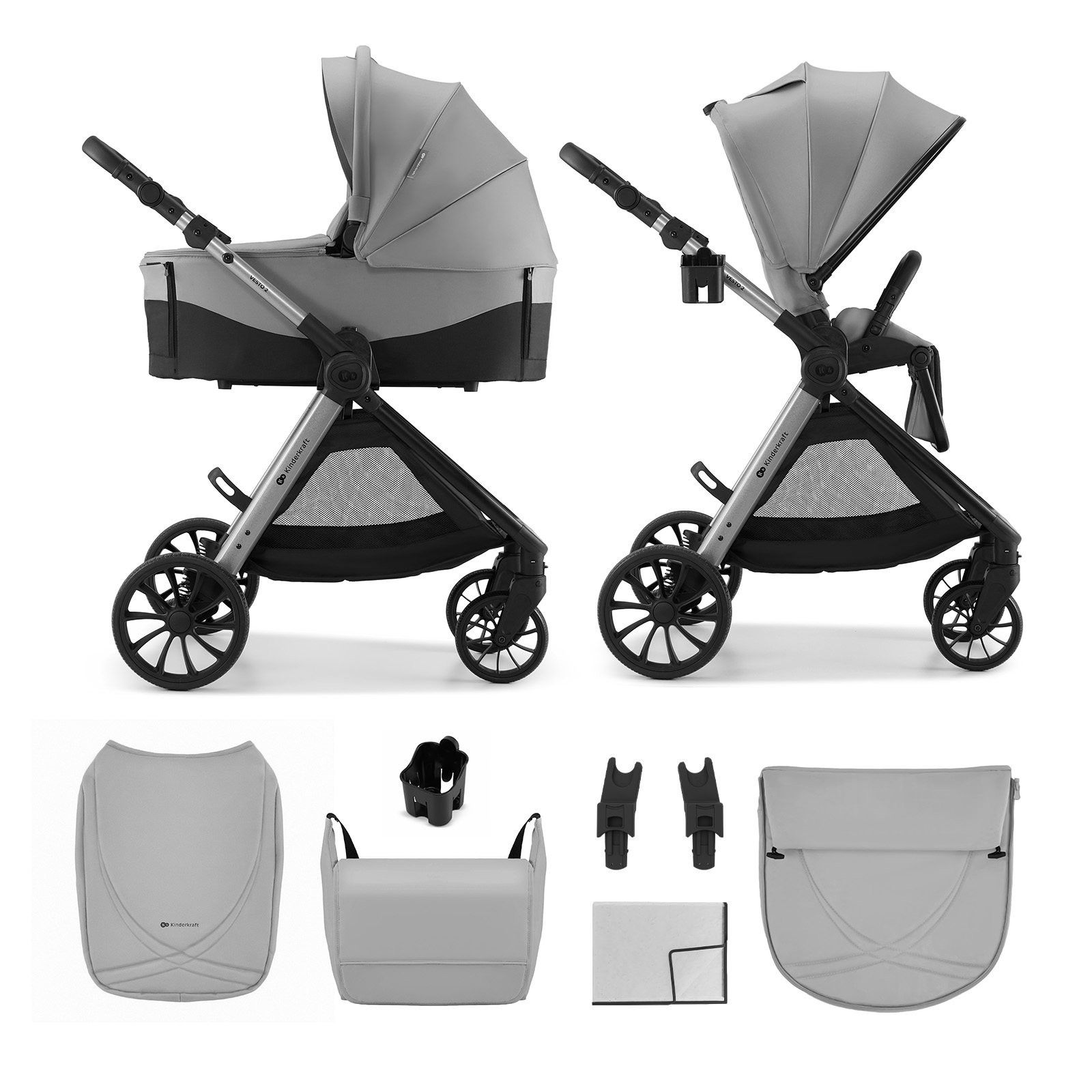 Grauer Kinderwagen mit Zubehör wie Fußsack, Tasche und Adaptern.