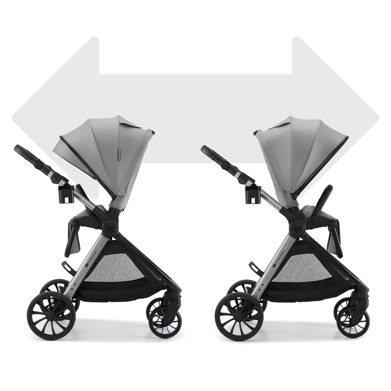 Zwei graue Kinderwagen nebeneinander, mit ausgefahrenen Verdecken und Becherhaltern.