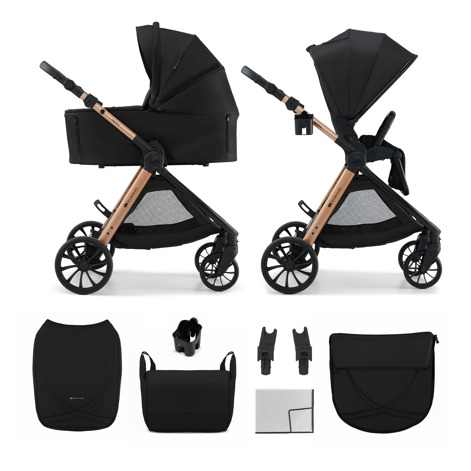 Schwarzer Kinderwagen mit goldfarbenem Rahmen, aufgeteilt in zwei Ansichten. Zubehör unten.