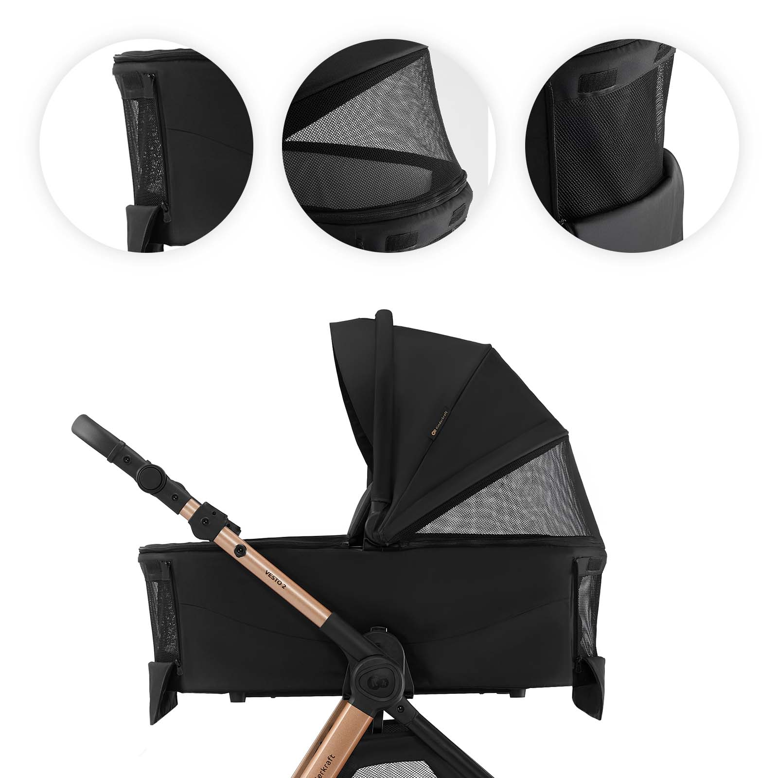 Schwarzer Kinderwagen mit roségoldenem Rahmen und Netzfenstern.