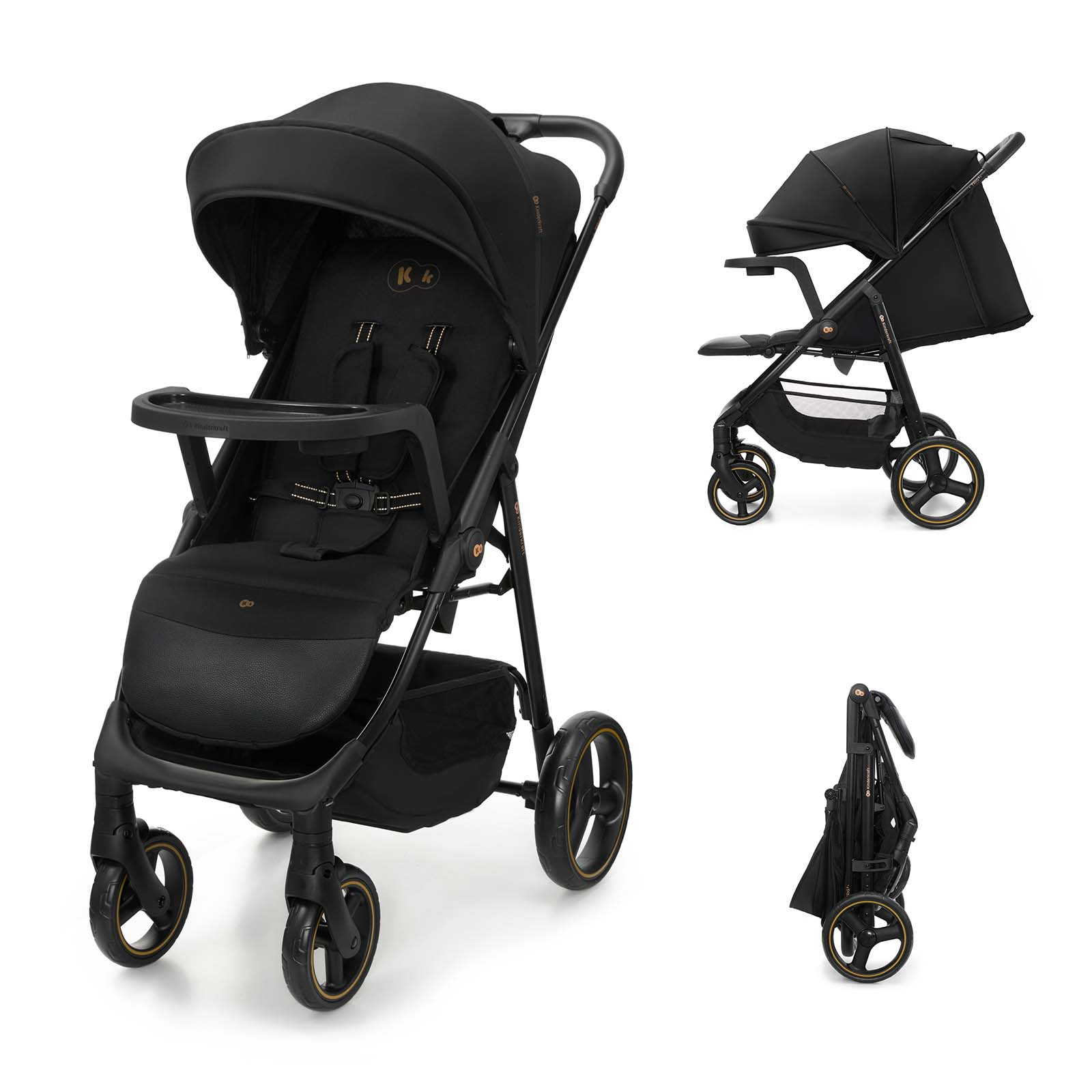 Ein schwarzer Kinderwagen, geöffnet und zusammengeklappt, mit goldenen Akzenten.
