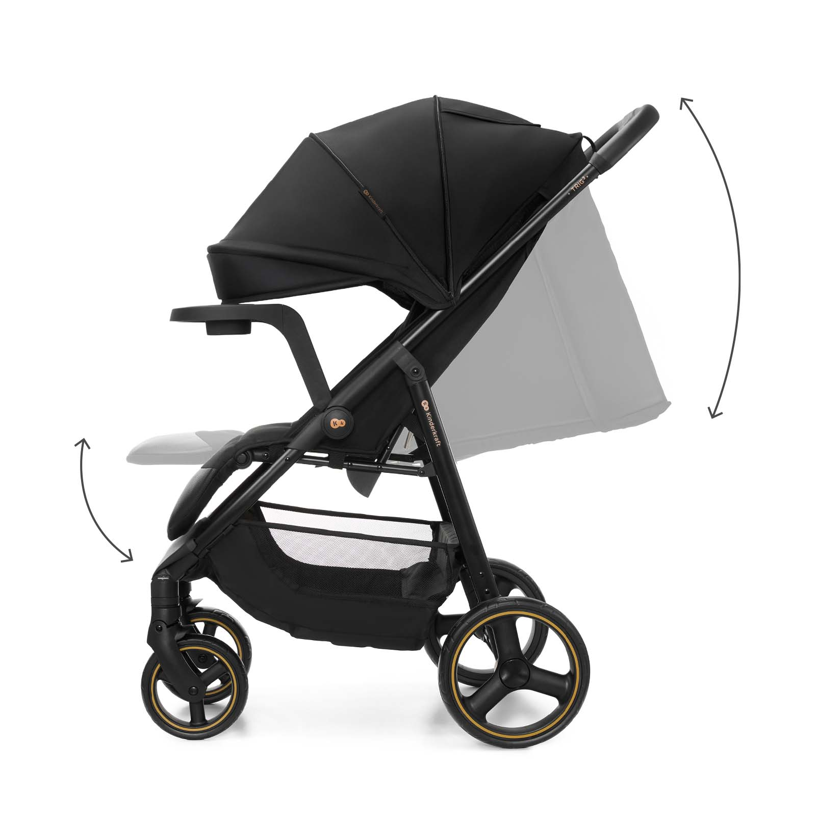 Ein schwarzer Kinderwagen mit goldenen Felgen auf weißem Hintergrund.