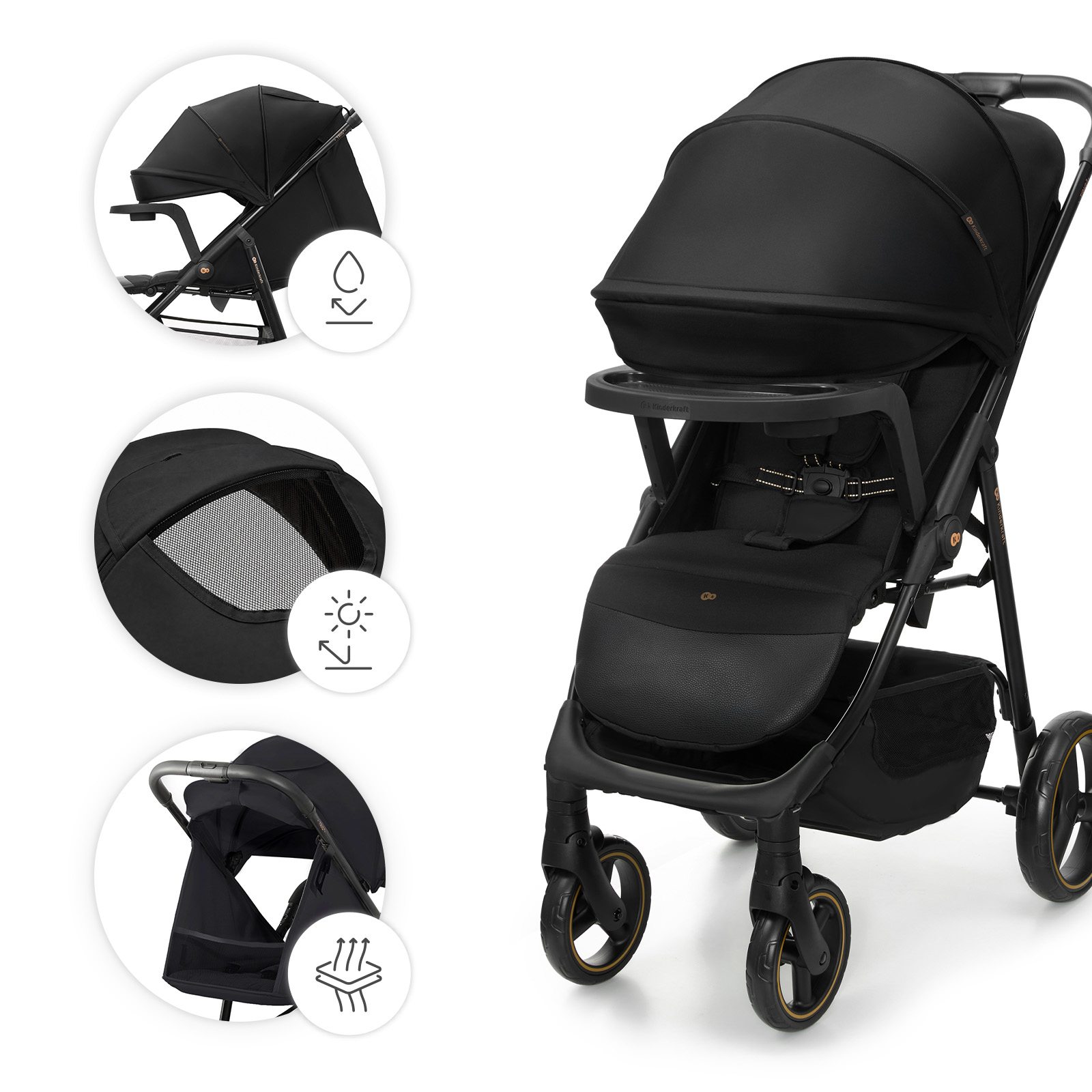 Ein schwarzer Kinderwagen mit Verdeck, Sitz, Tablett und Einkaufskorb.