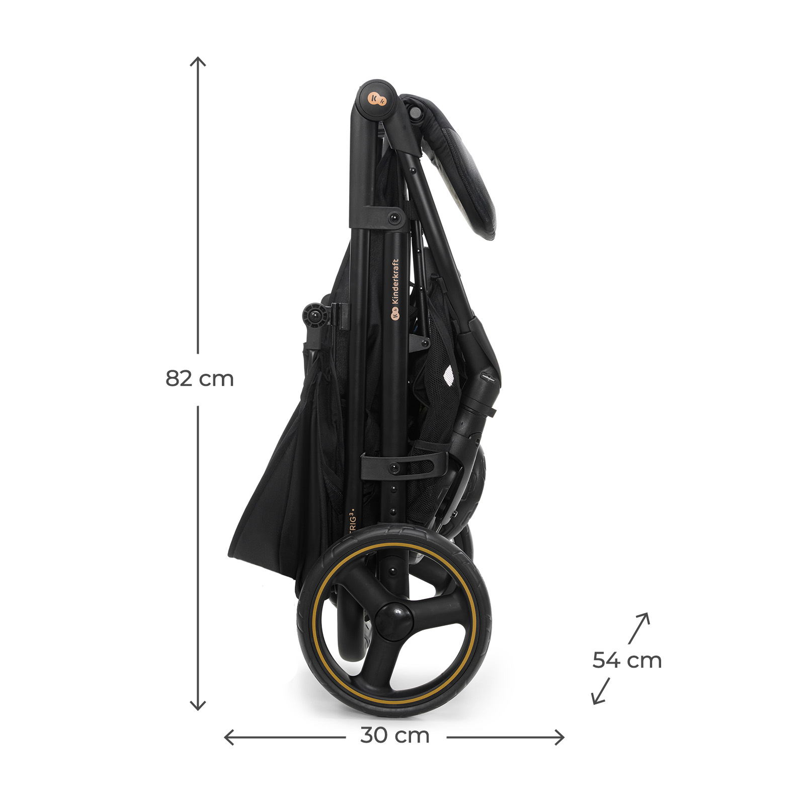 Schwarzer, zusammengeklappter Kinderwagen mit gelben Akzenten an den Rädern.