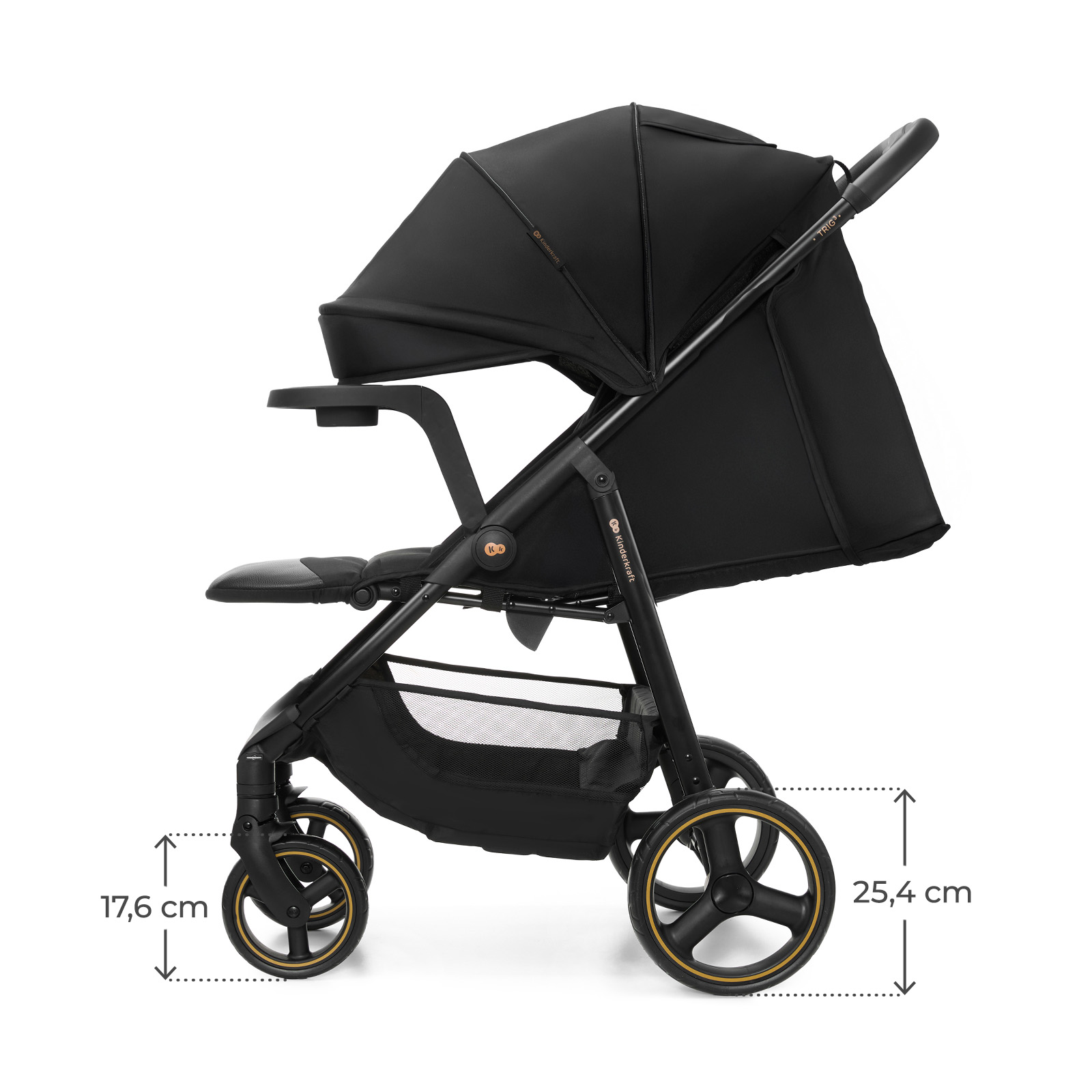 Schwarzer Kinderwagen mit Sonnendach, Sitz und Einkaufskorb.