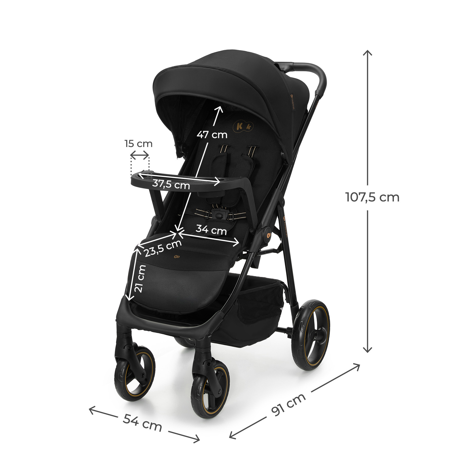 Schwarzer Kinderwagen mit Maßen: 54cm breit, 91cm lang, 107,5cm hoch.
