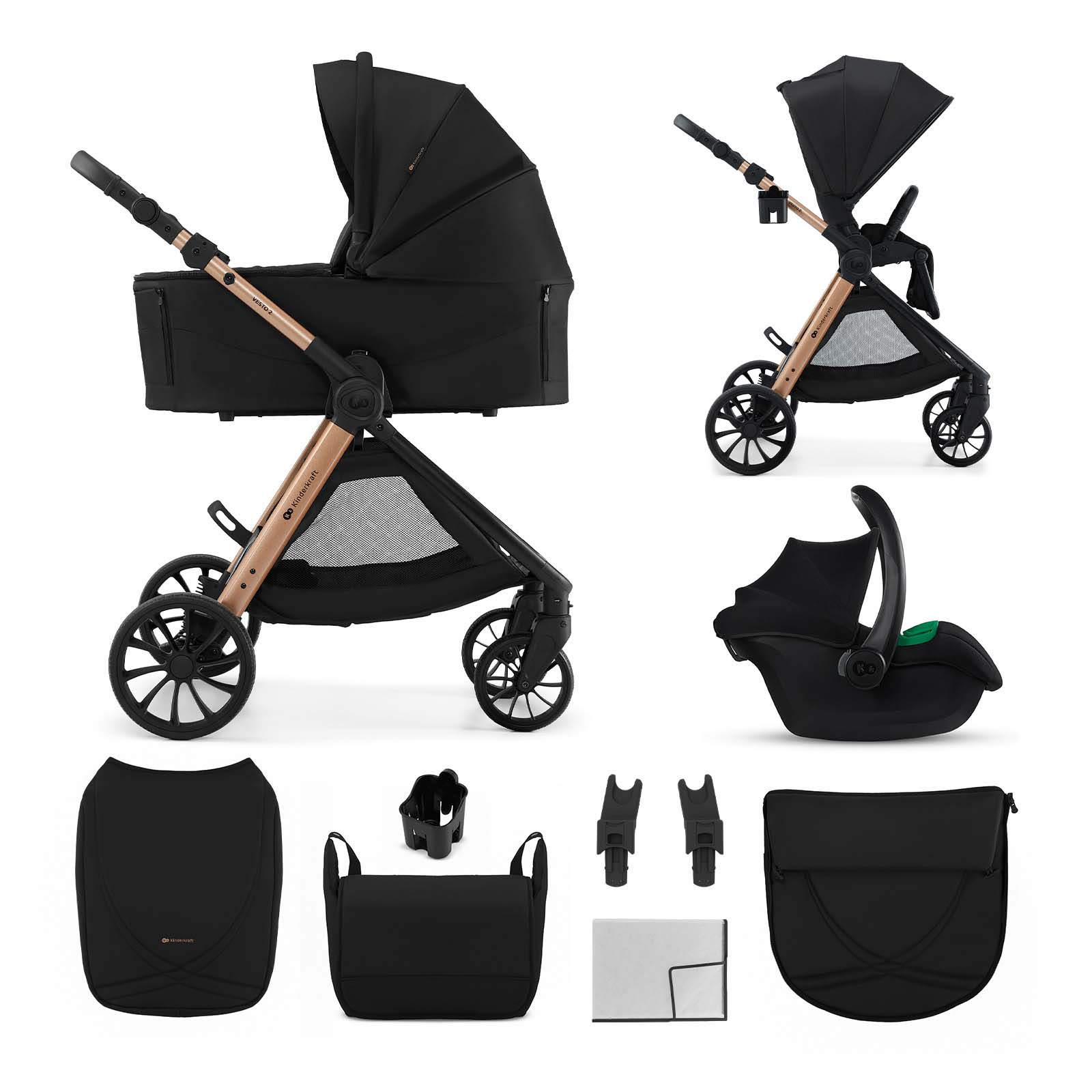 Ein schwarzer Kinderwagen mit bronzefarbenen Details und Zubehör.