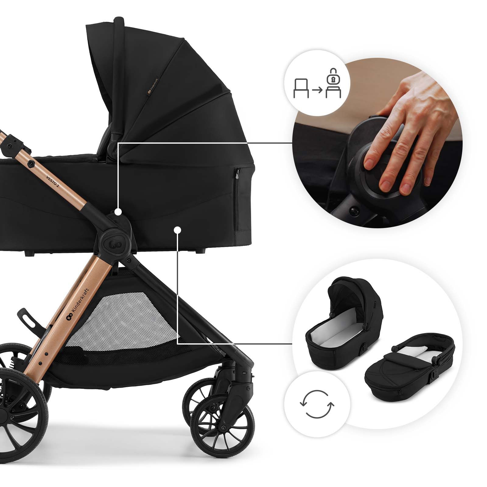Schwarzer Kinderwagen mit goldfarbenem Rahmen und Zubehör.