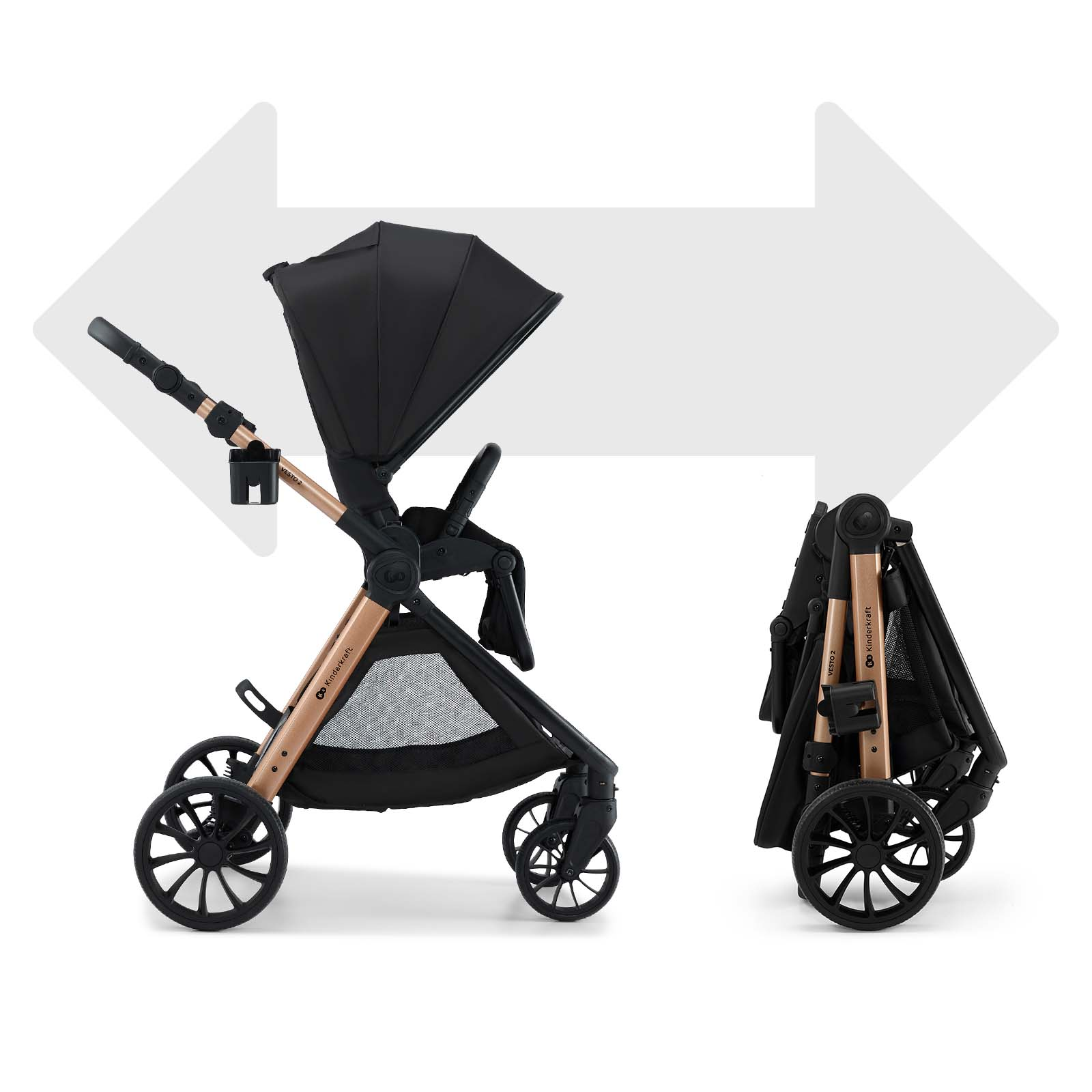 Ein schwarzer Kinderwagen, geöffnet und zusammengeklappt, mit goldenen Akzenten.