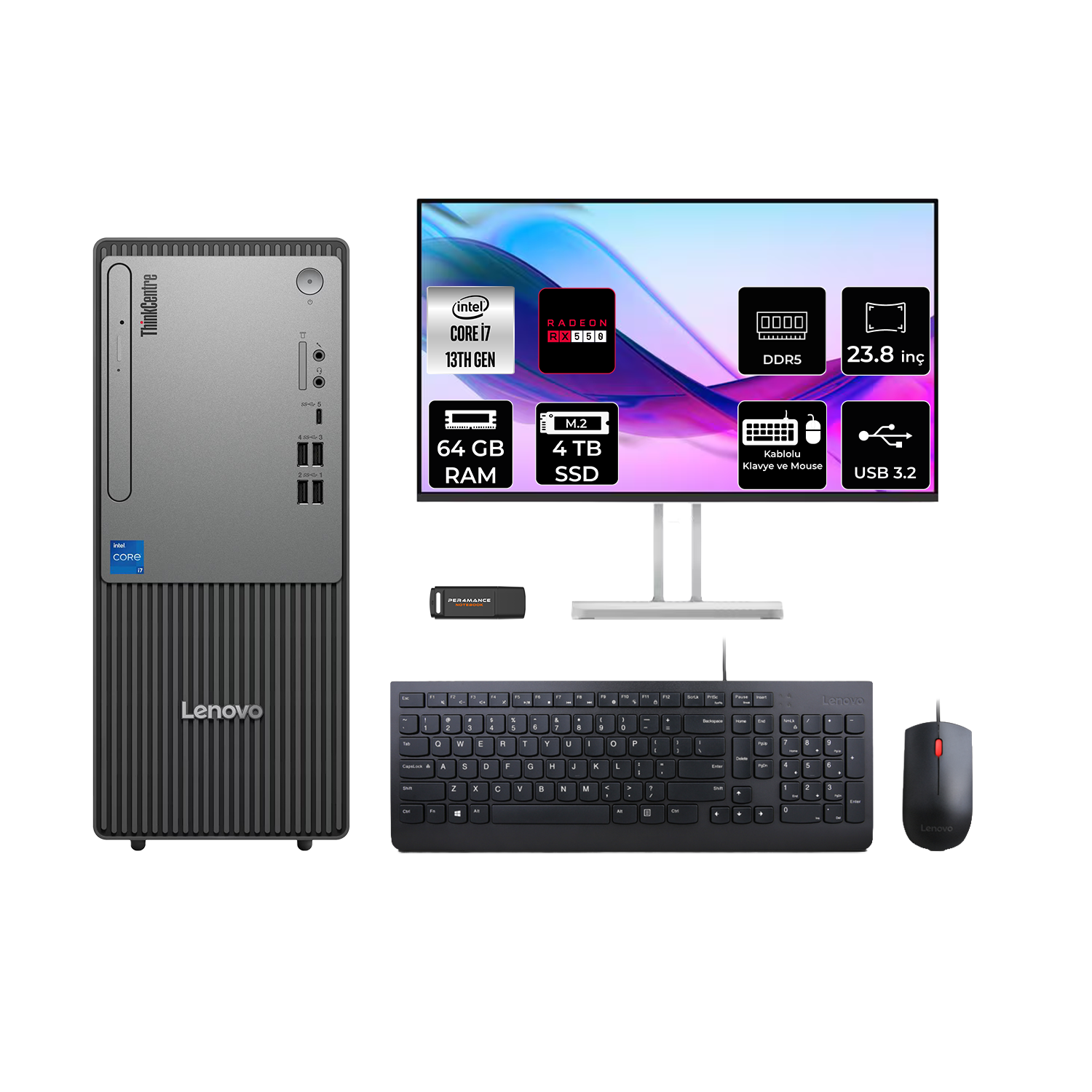 Intel Core i7, 64GB RAM, 4TB SSD, Radeon RX 550 ve 23.8" monitörlü Lenovo ThinkCentre PC.