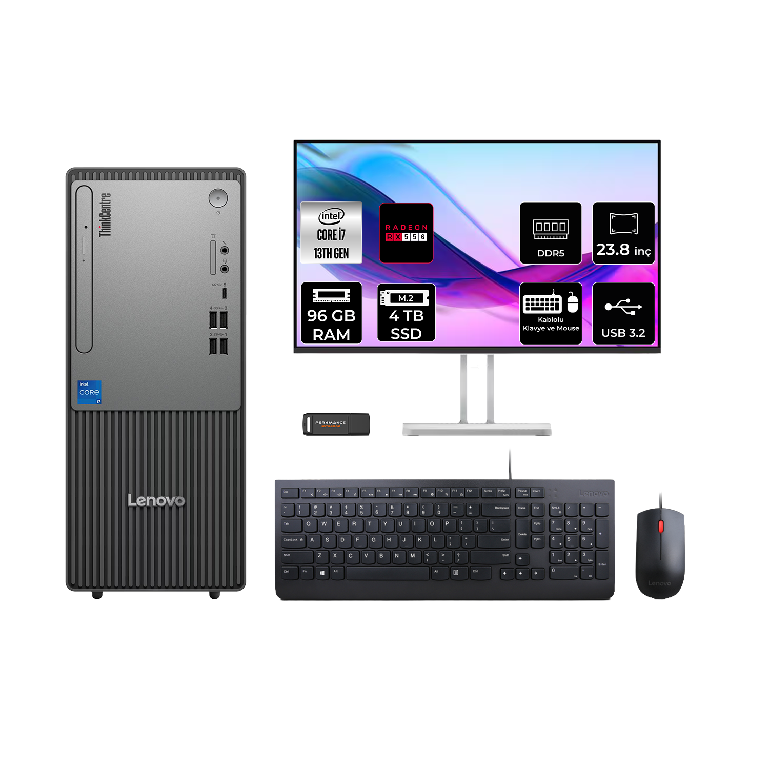 Lenovo ThinkCentre PC, Intel Core i7, 96 GB RAM, 4 TB SSD ve 23,8 inç monitör.