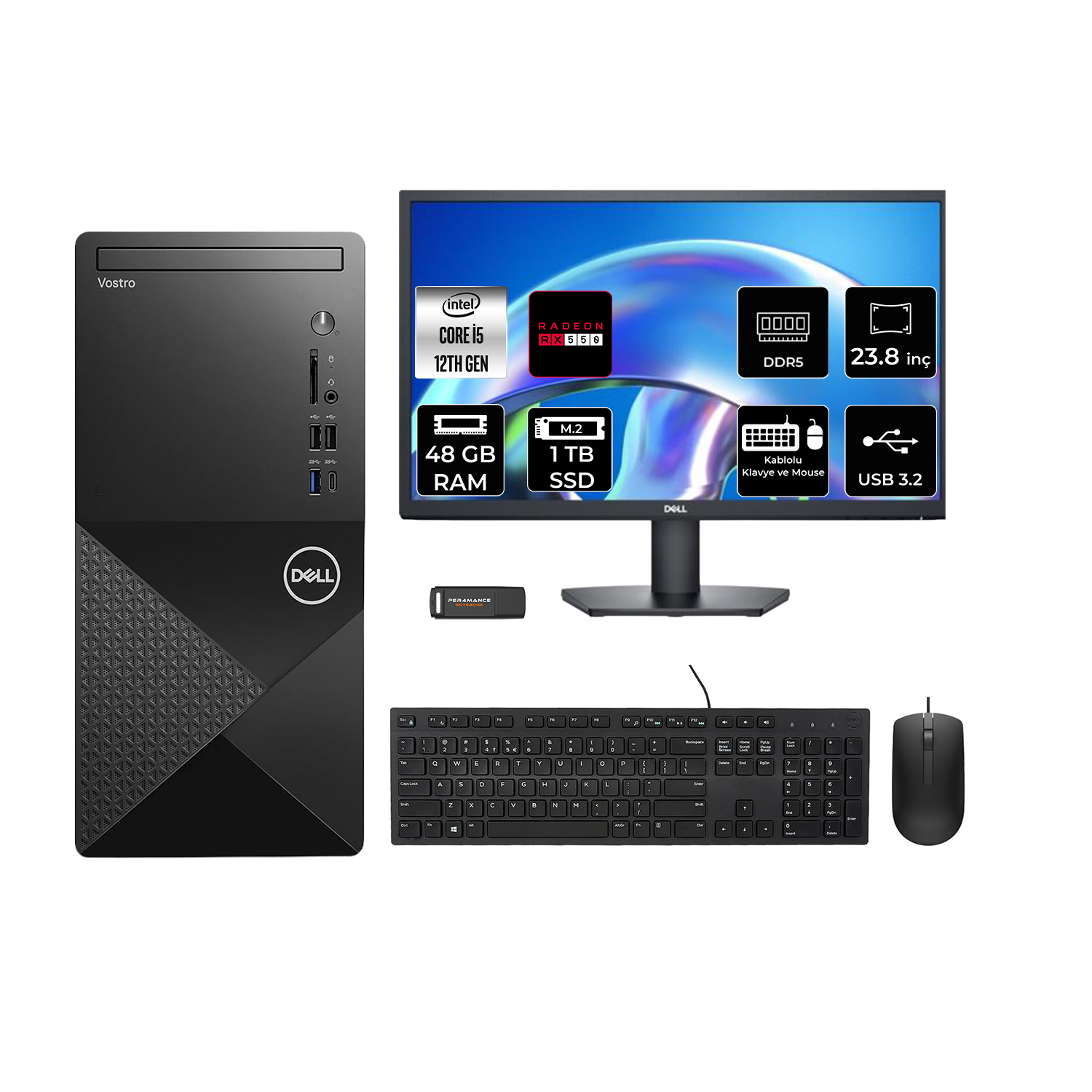 Intel Core i5, 48 GB RAM, 1 TB SSD, Radeon RX550'li siyah Dell Vostro PC.