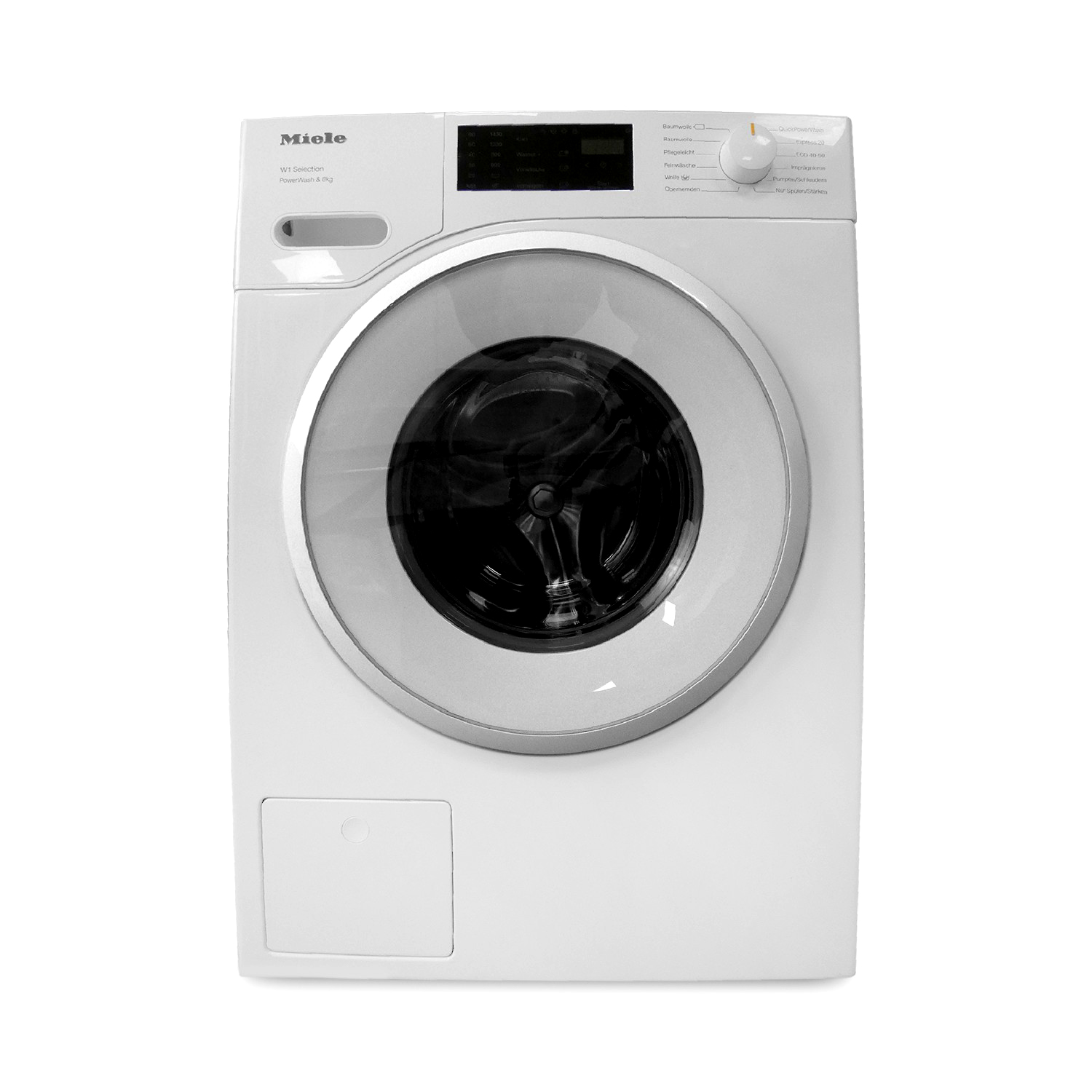 Eine weiße Miele Waschmaschine mit silbernem Bullauge und Bedienfeld.