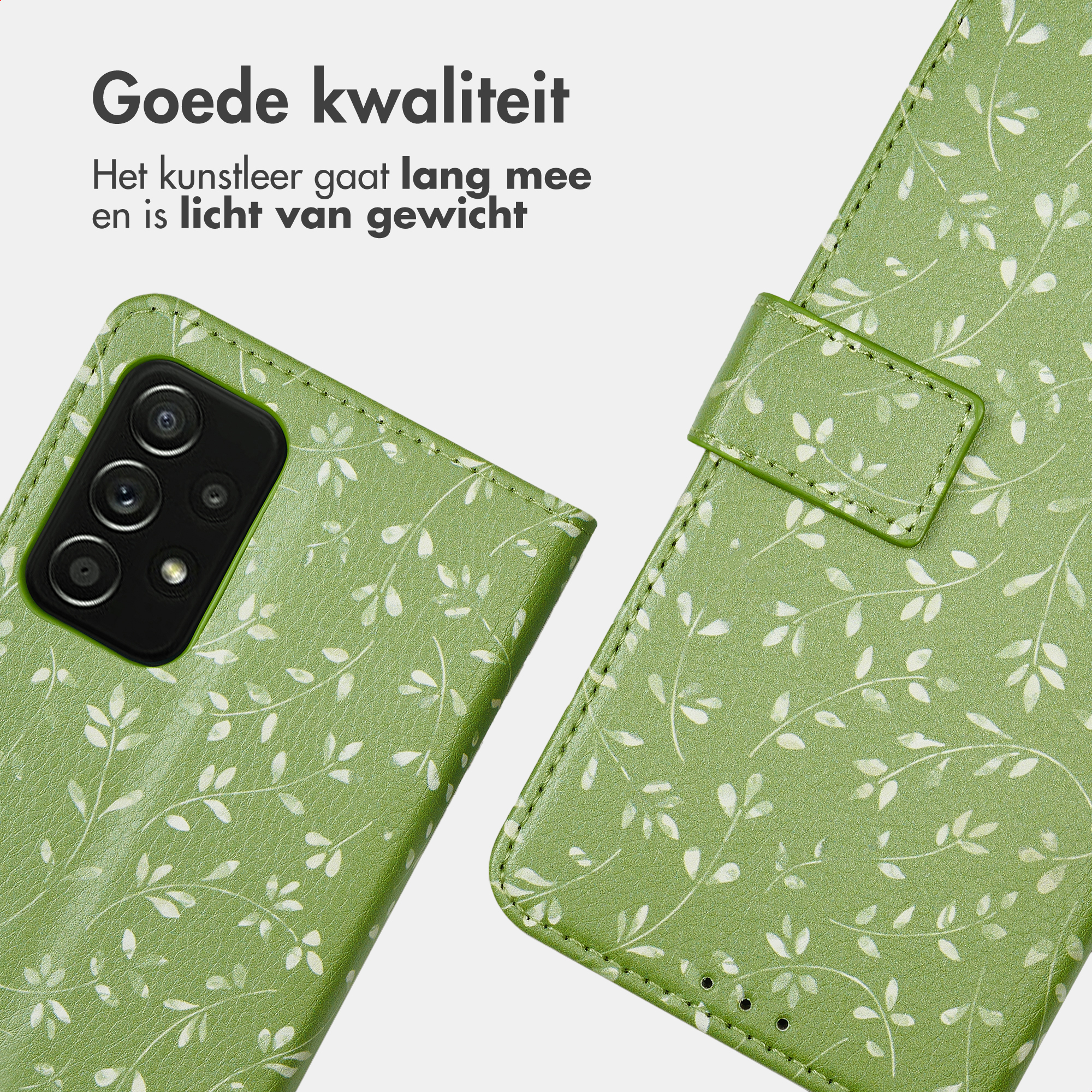 Groene telefoonhoes met bladerpatroon en cameramodule