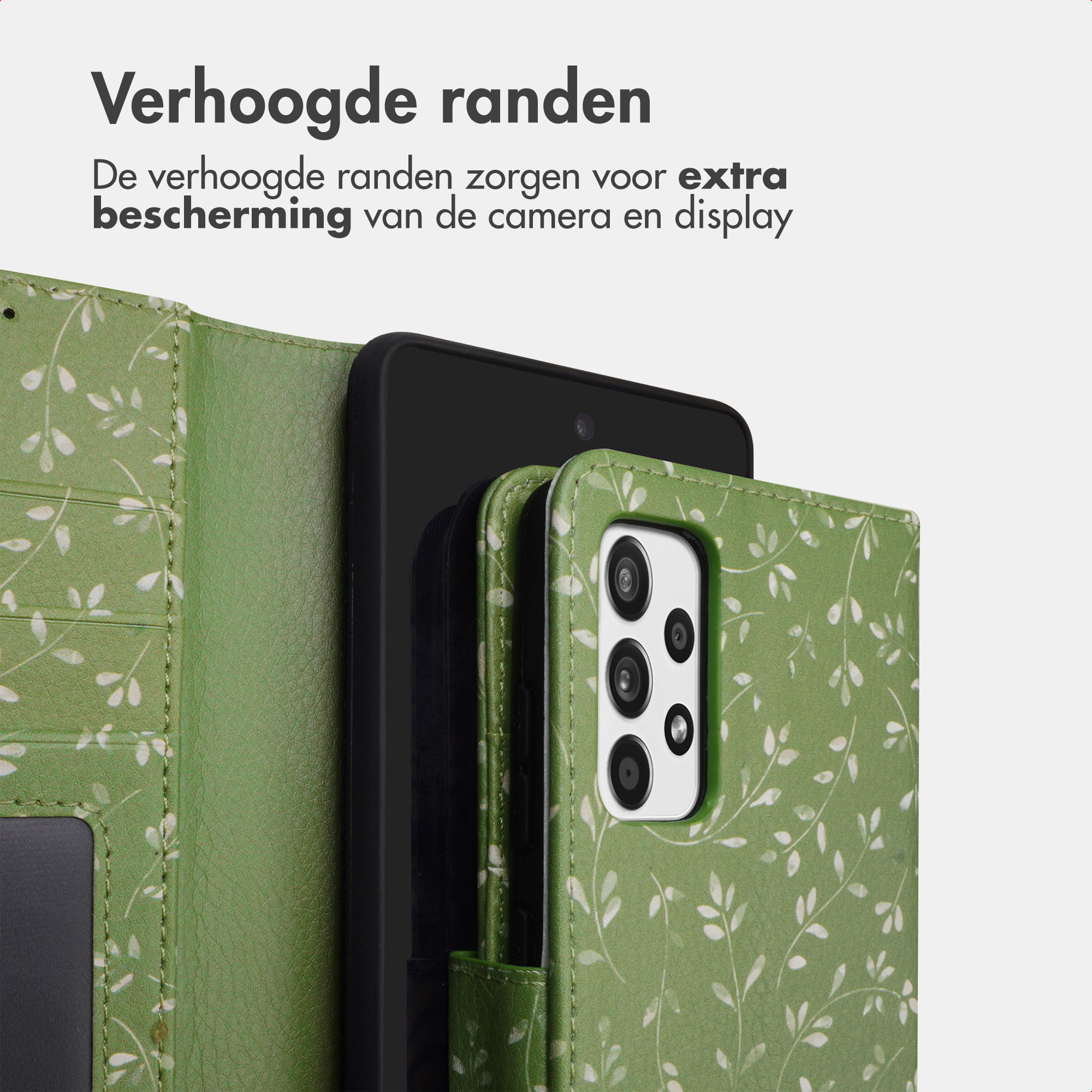 Groene telefoonhoes met bladerpatroon, beschermt camera en display.