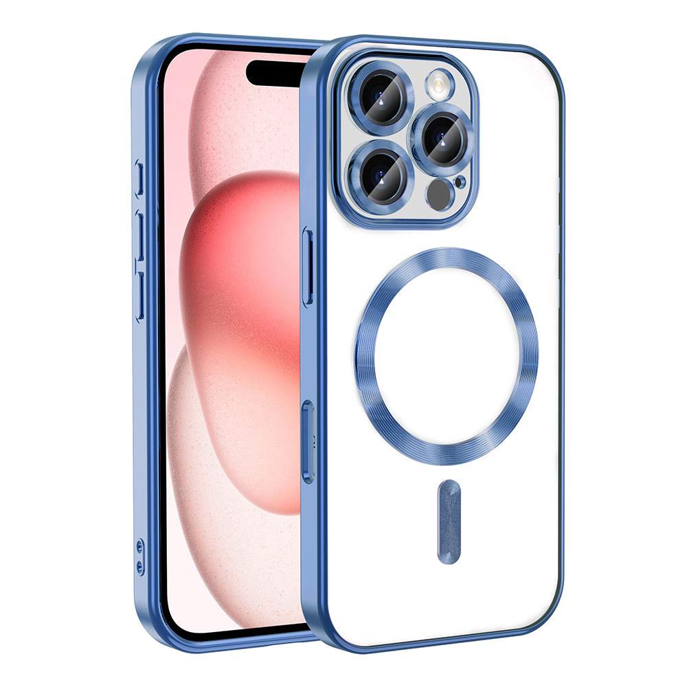 Mavi kenarlı iPhone, şeffaf kılıf ve MagSafe halkası.