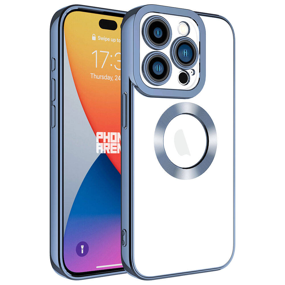 Mavi çerçeveli iPhone kılıfı, şeffaf arka yüzü ve kamera dizisi. Mıknatıslı halka.