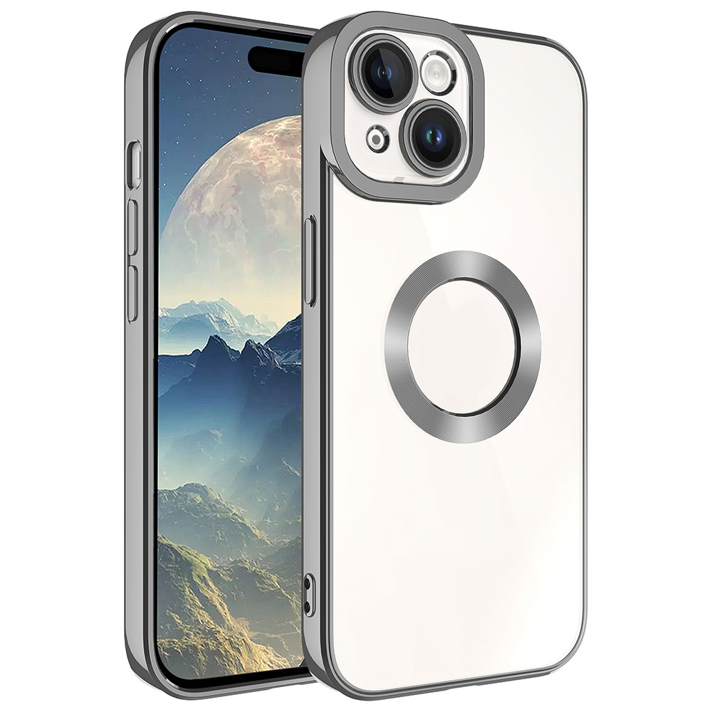 Ay ve dağları gösteren bir telefonda gümüş halkalı ve kamera çıkıntılı şeffaf telefon kılıfı.
