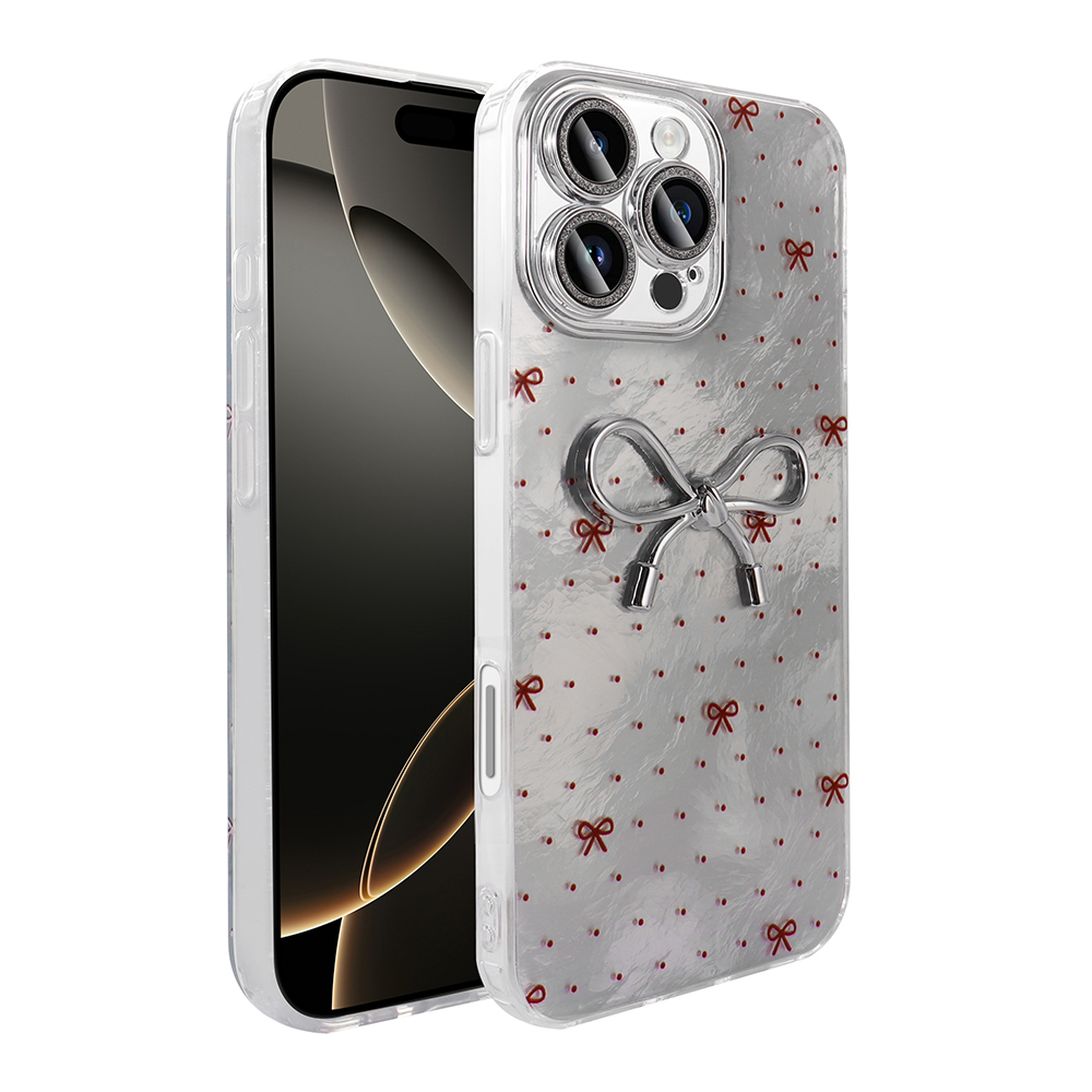 Gümüş renkli iPhone kılıfı, kırmızı fiyonklar ve noktalarla, gümüş fiyonk yüzükli.
