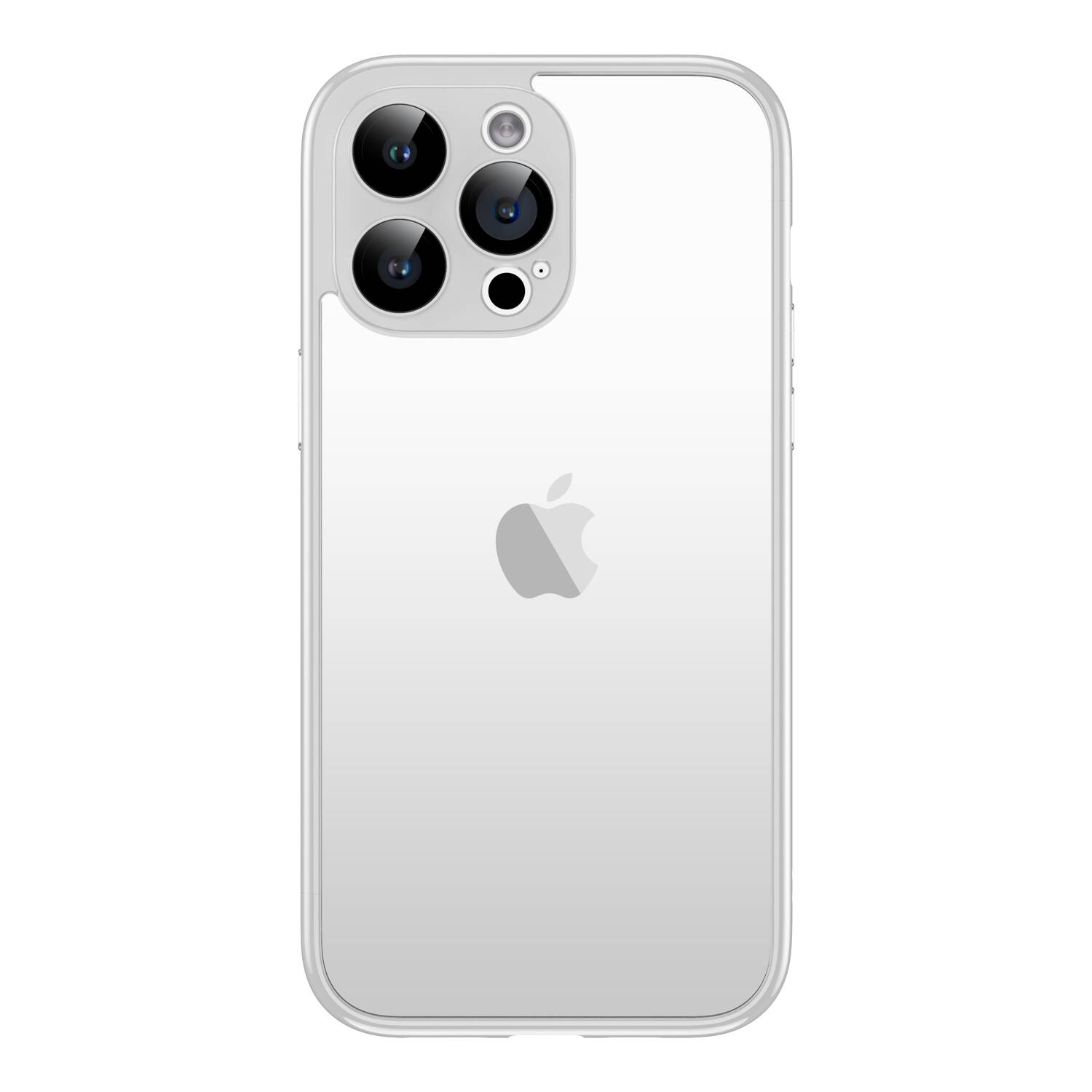 Beyaz arka plan üzerinde üçlü kamera kurulumu ve Apple logosu bulunan şeffaf telefon kılıfı.