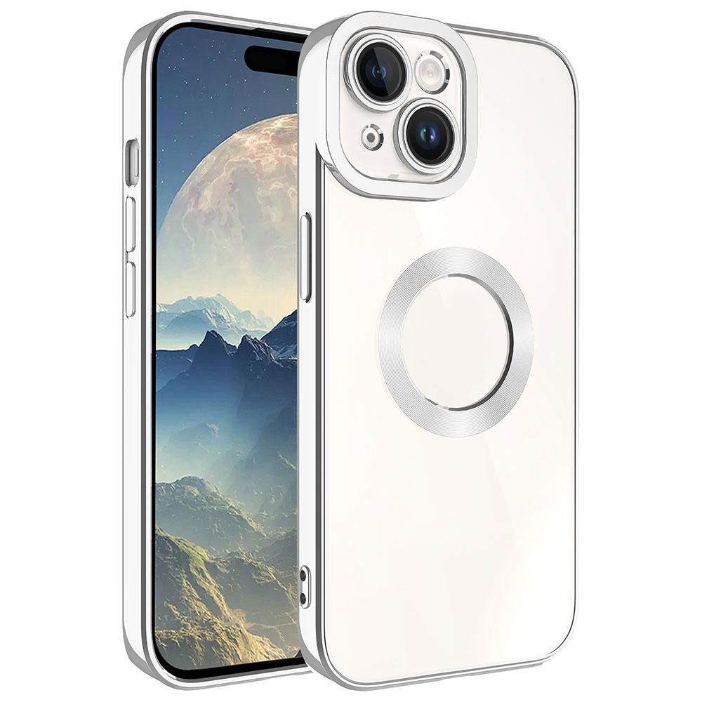 Arkada kamera kesimli ve manyetik halkalı beyaz iPhone kılıfı.