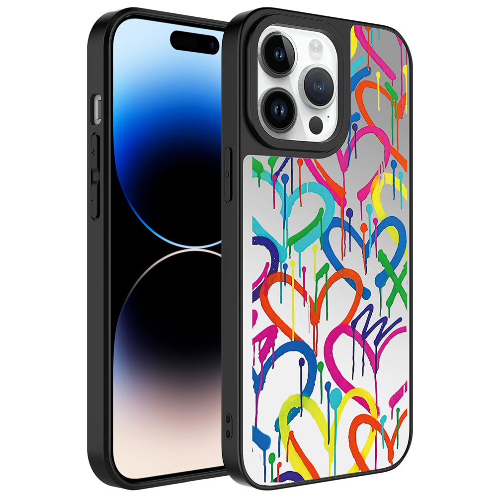 Graffiti kalp tasarımlı ve siyah çerçeveli iPhone kılıfı.
