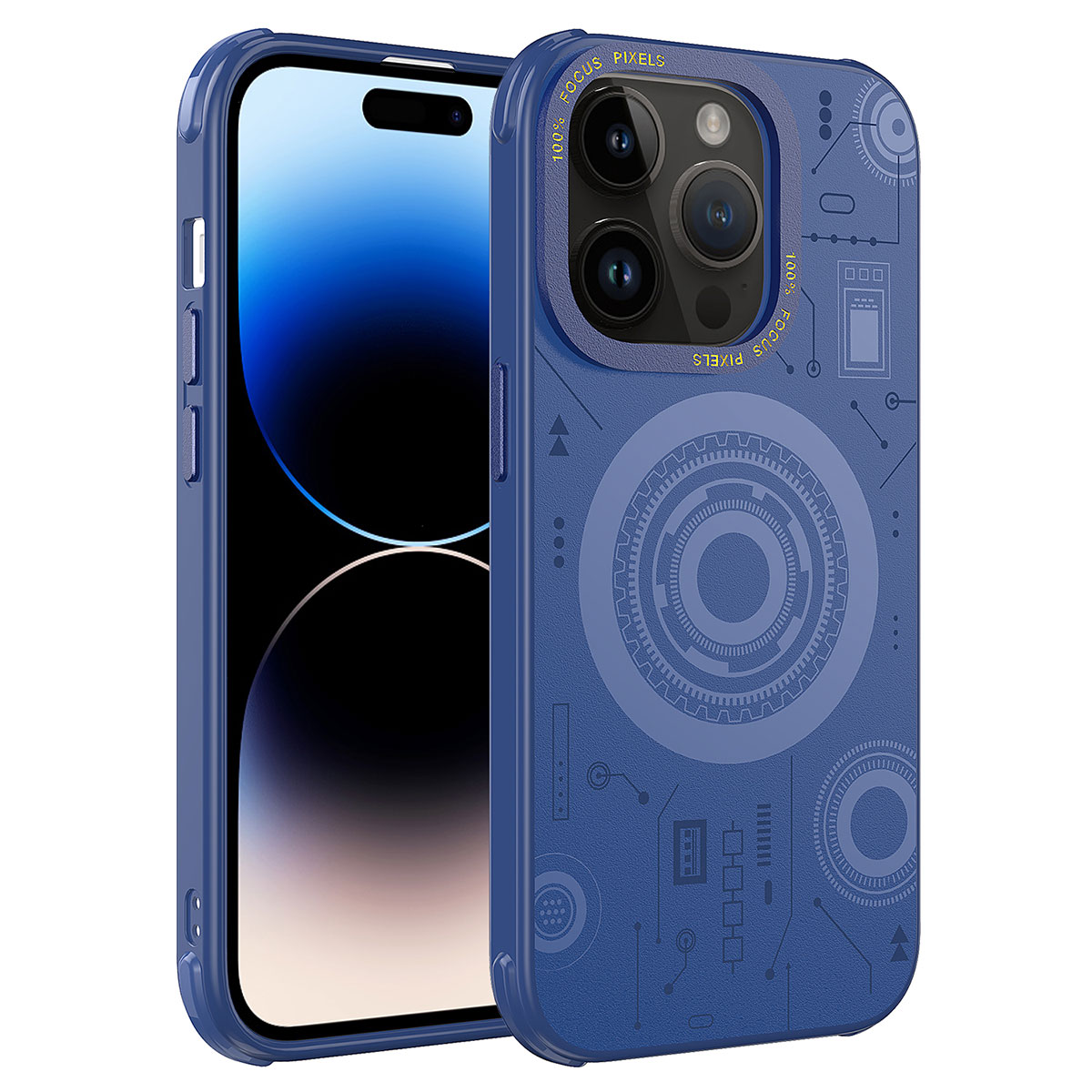 Teknoloji desenli ve kamera modüllü mavi telefon.