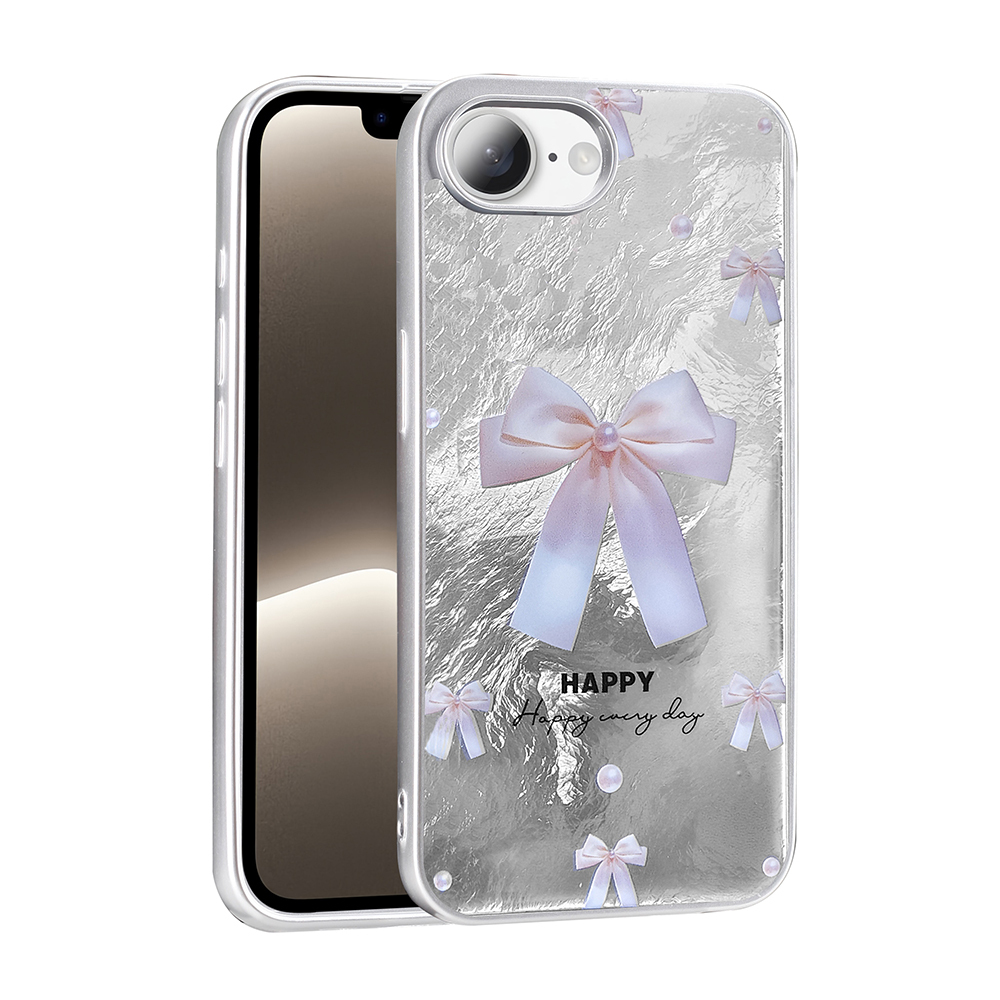 Gümüş rengi telefon kılıfı üzerinde pembe fiyonklar, inciler ve "Happy" yazısı.