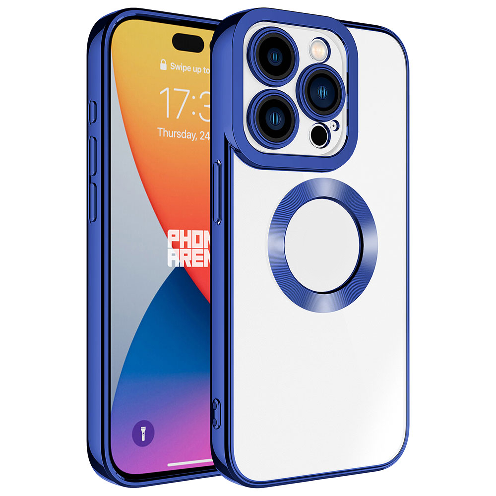 Mavi çerçeveli iPhone, şeffaf kılıf ve kamera modülü.