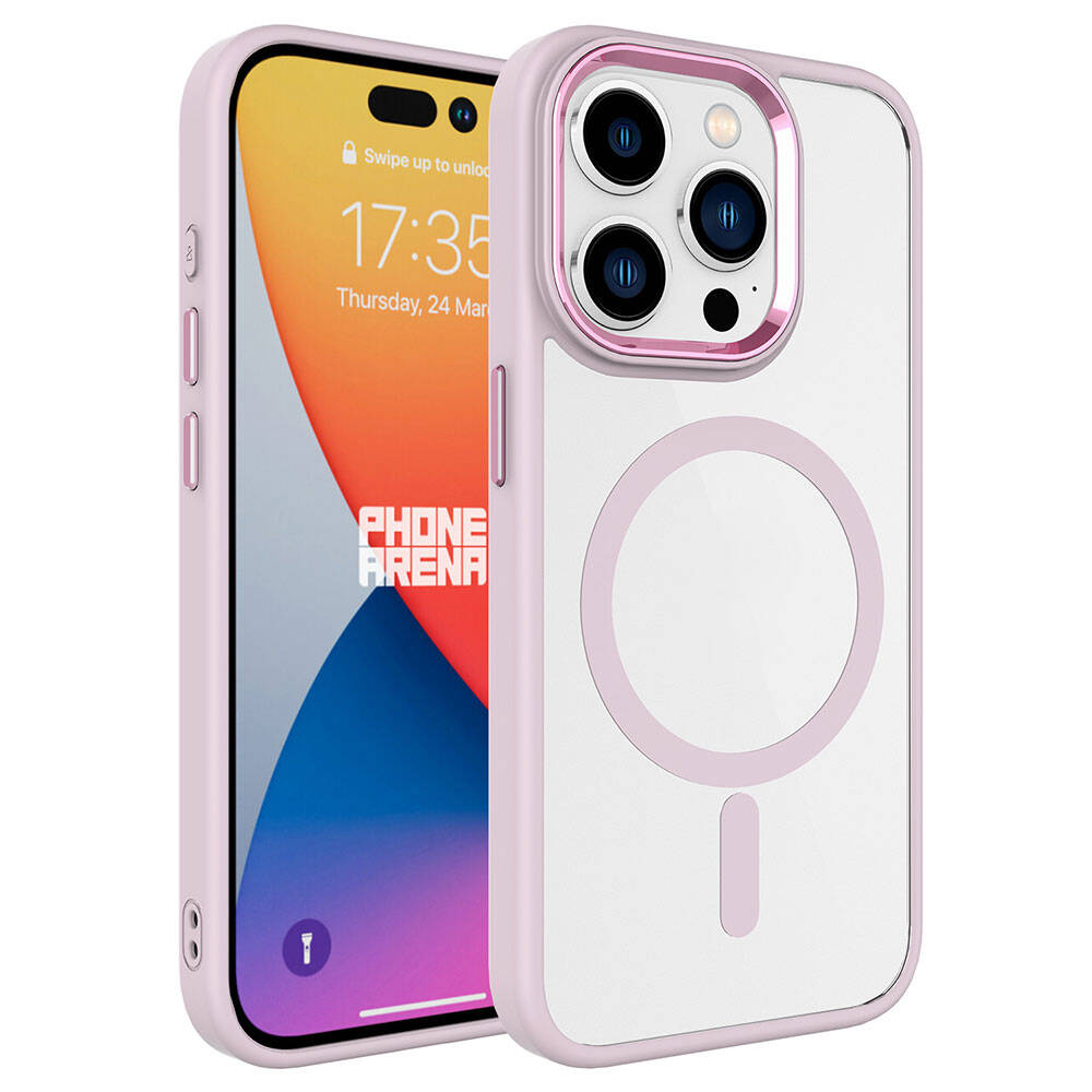 MagSafe halkalı açık pembe iPhone kılıfı. Ekran 17:35 gösteriyor.