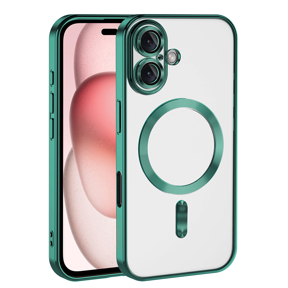 Yeşil çerçeveli şeffaf telefon kılıfı, kamera modülü ve manyetik halka görünür.