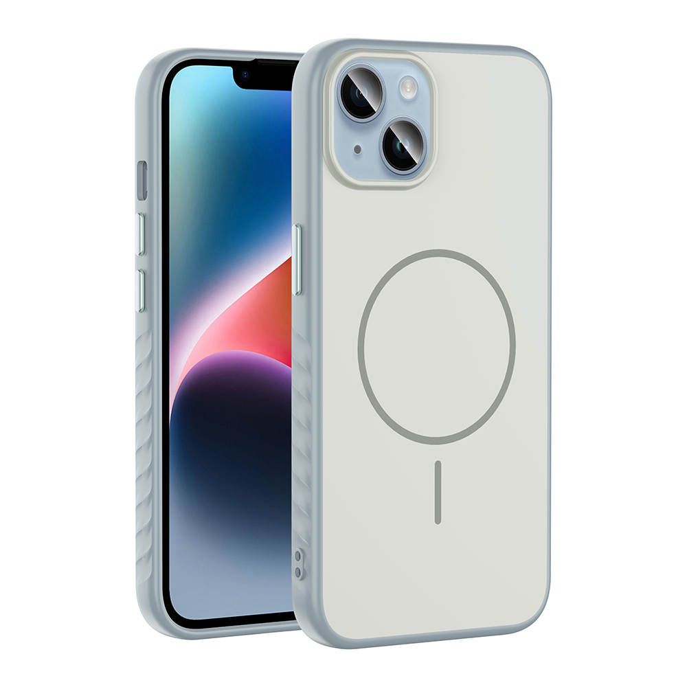 Yuvarlak mıknatıs tasarımlı, şeffaf kasalı açık gri iPhone.