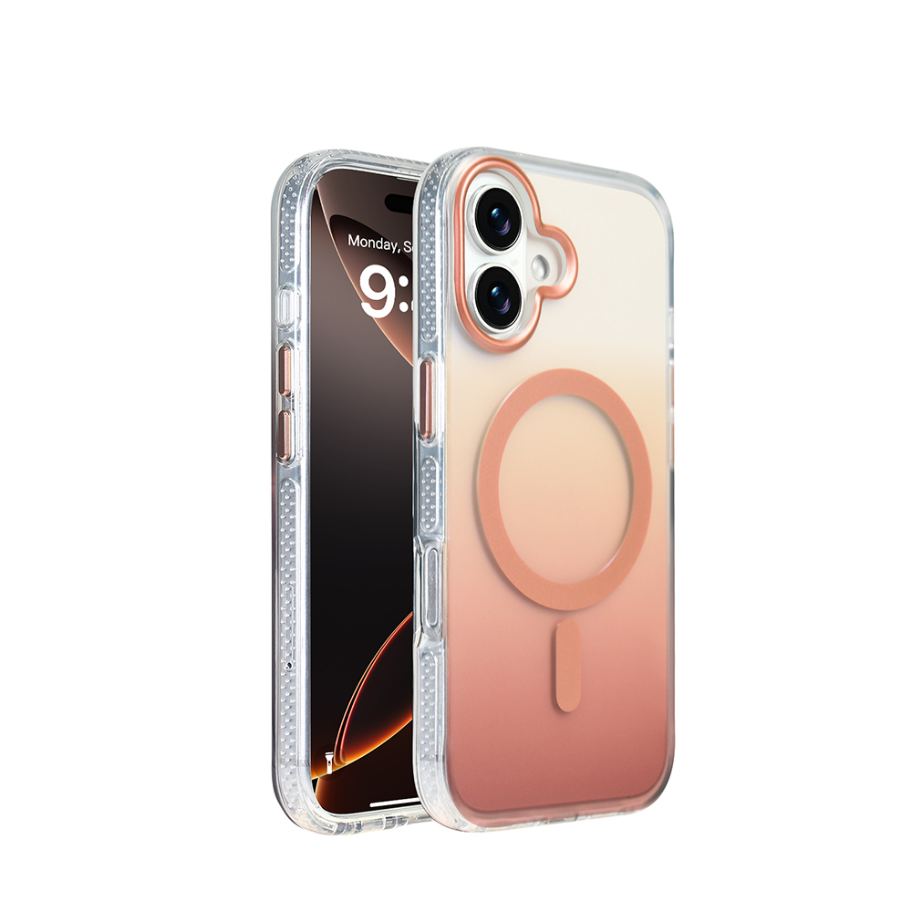 Rose gold degrade ve manyetik halkalı şeffaf telefon kılıfı.