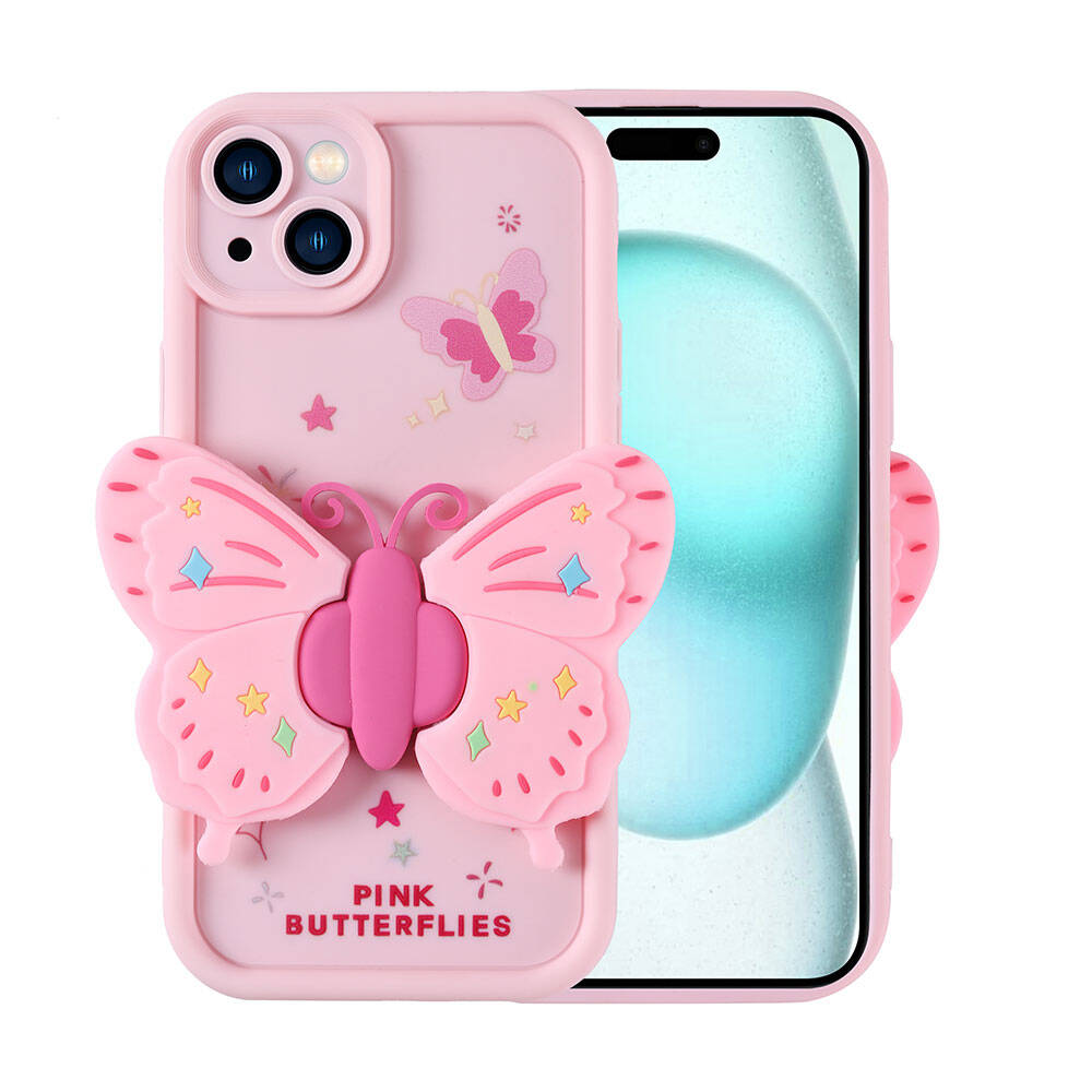 Büyük bir kelebek ve küçük yıldızlarla süslü pembe telefon kılıfı.